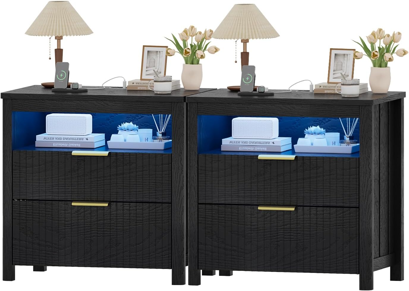End Table Set of 2 with Gun Drawer - Farmhouse Night Stand Set 2 with Charging Station for Bedrrom, Smart Side Table with LED Lights,Hidden Compartment Nightstands-Black
