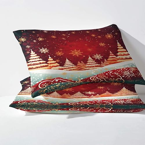 Miniatura 3 de Sábanas para árbol de Navidad, tamaño individual, diseño de copos de nieve, juego de 3 piezas con estampado rojo, sábana bajera ajustable de