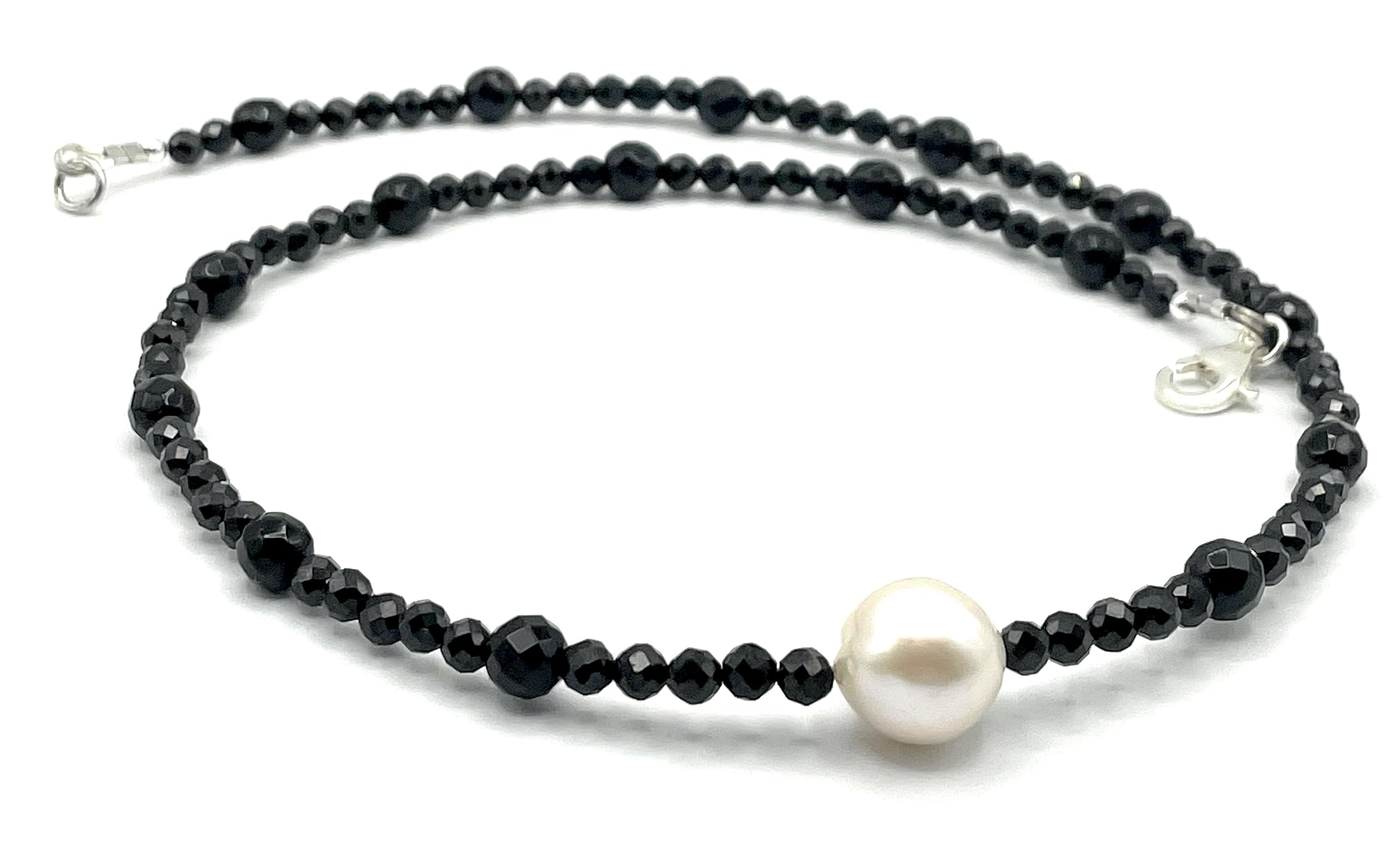 Collar de Plata 925 y Perla Barroca Blanca e Espinela Negra, Joyas Artesanales, Estilo Contemporaneo, Regalo para Mujer