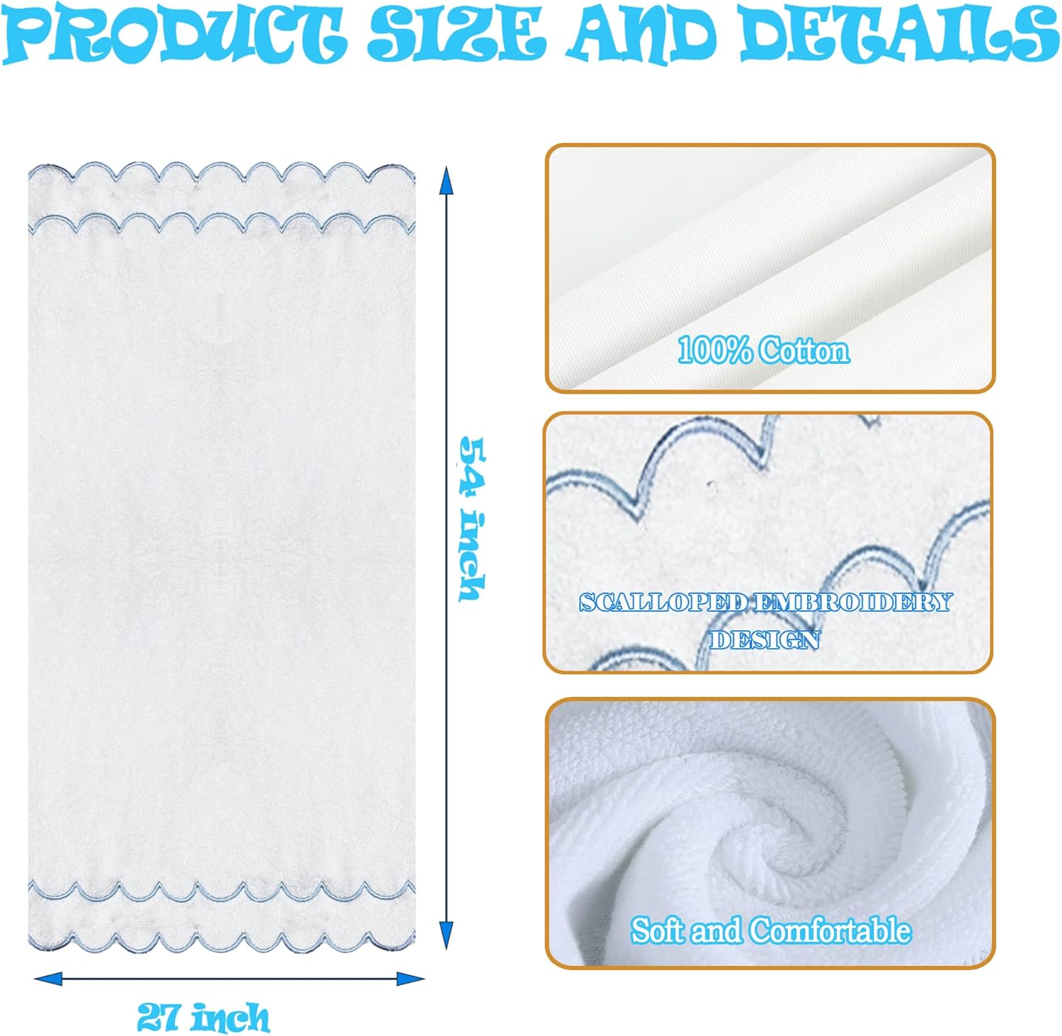 2 pcs Blue Scalloped Bath Towels Set Cute Embroidered Decorative Towels 100% Cotton Soft Towels Bathroom Decor(Blue, 2*Bath Towel) - Image 2