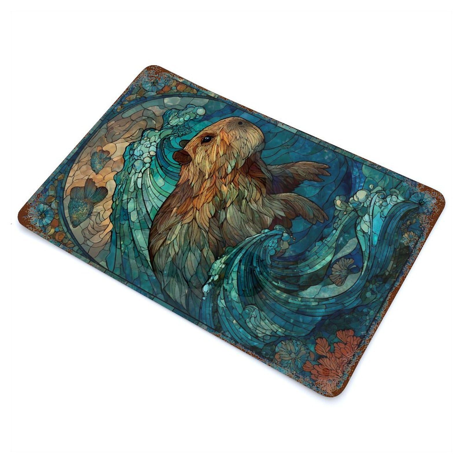 Stained Glass Capybara Waves Rusty Metal Tin Sign 11.8"x7.9", for Basement, Hobby Room And Garage Decor, Retro Wall Decor