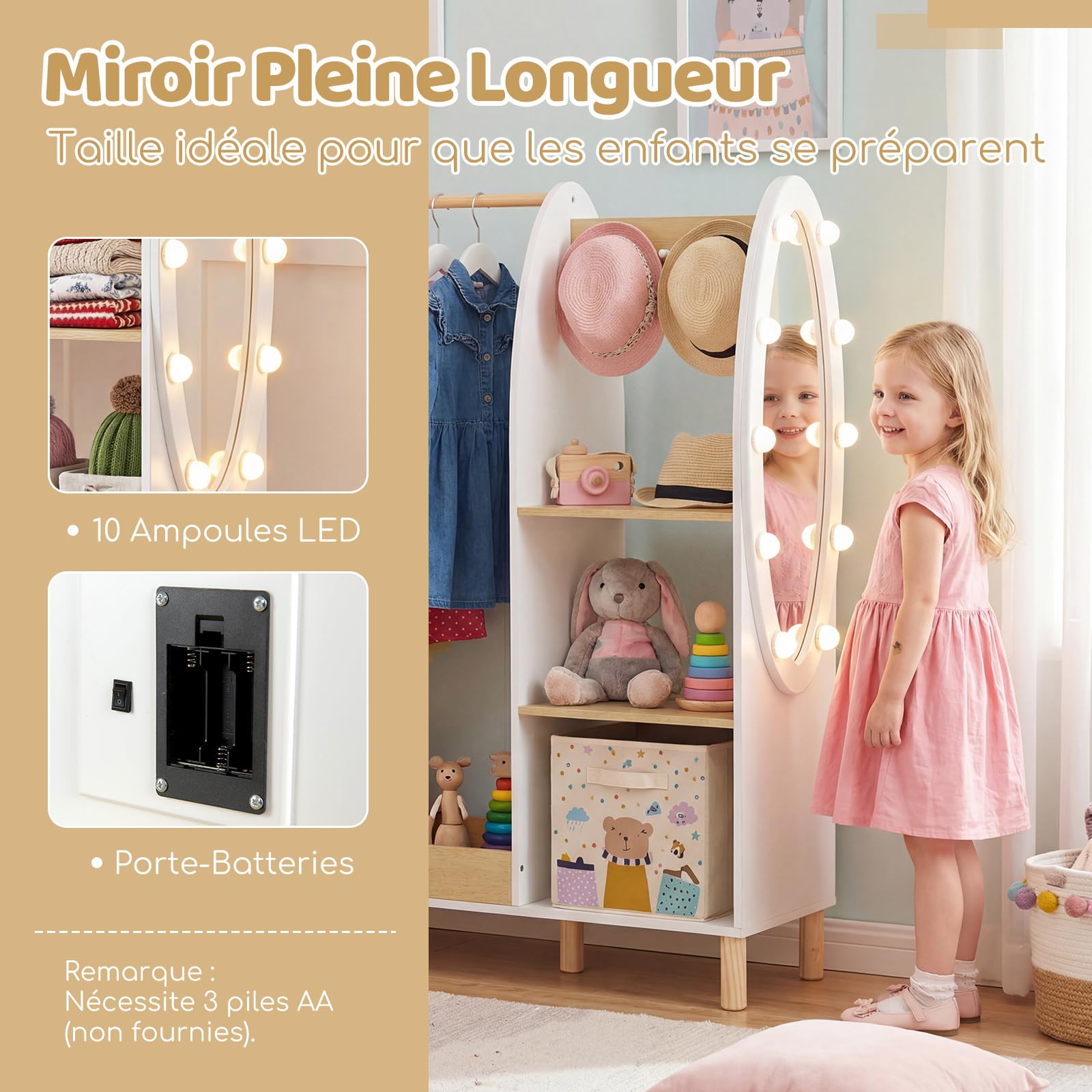 COSTWAY Penderie Enfant avec Miroir en Acrylique et 10 Ampoules LED, Portant à Vêtements Enfant en Bois Massif avec 3 Étagères et 3 Crochets et Tringle, Armoire Montessori, 91x28x110 cm