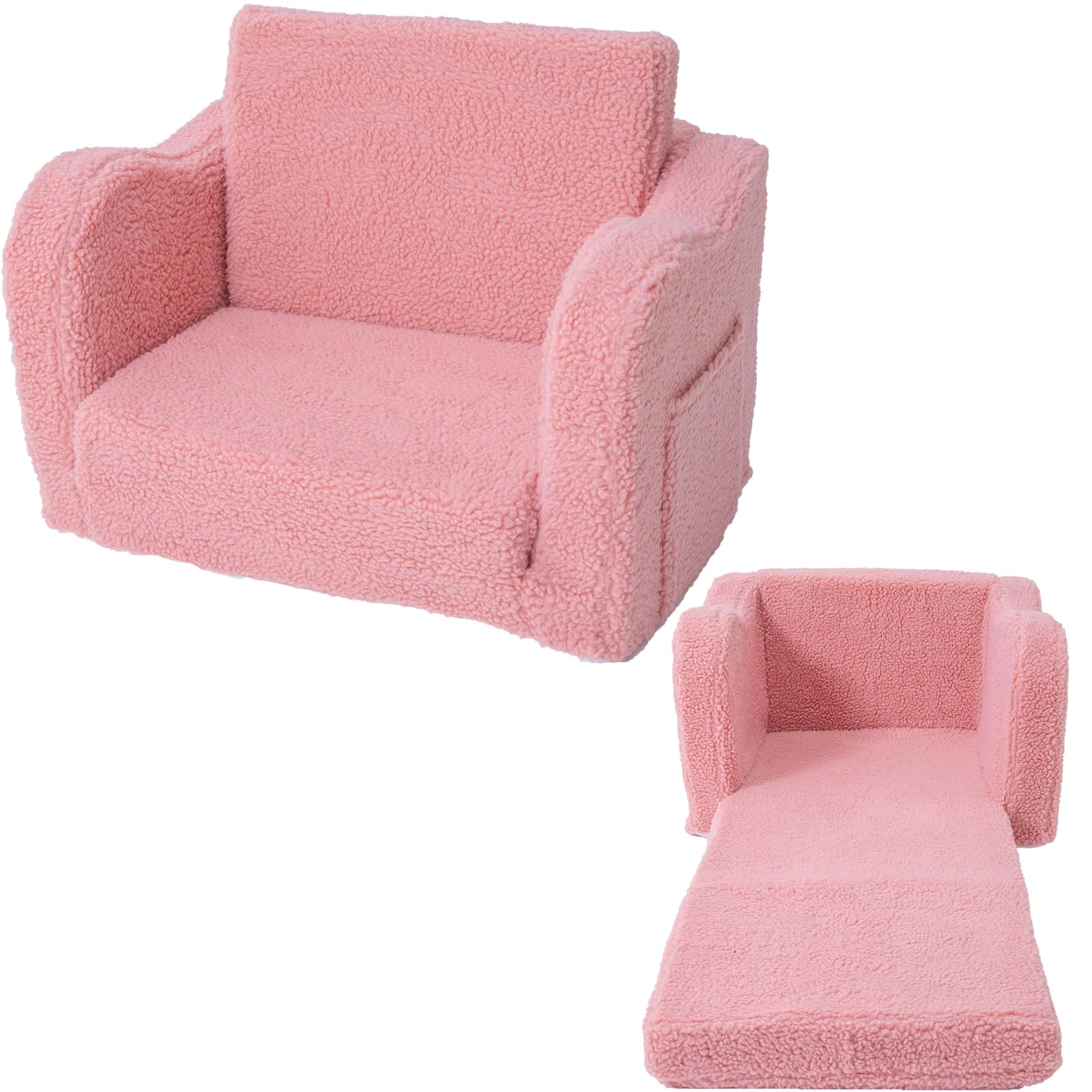 Kids Sofa Couch Fold Out, Baby Toddler Comfy Soft Chair for Boys Girls, Flip Out Foldable Children 2 in 1 Convertible Sofa to Lounger, Folding Child Sleeper for Playroom, Pink
