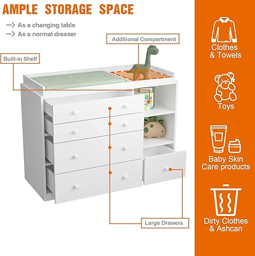 Miniatura 5 de Cómoda para cambiador, cómoda clásica para bebé con 5 cajones y 2 estantes, cambiador multifuncional para bebé, estación de cambio de pañales para