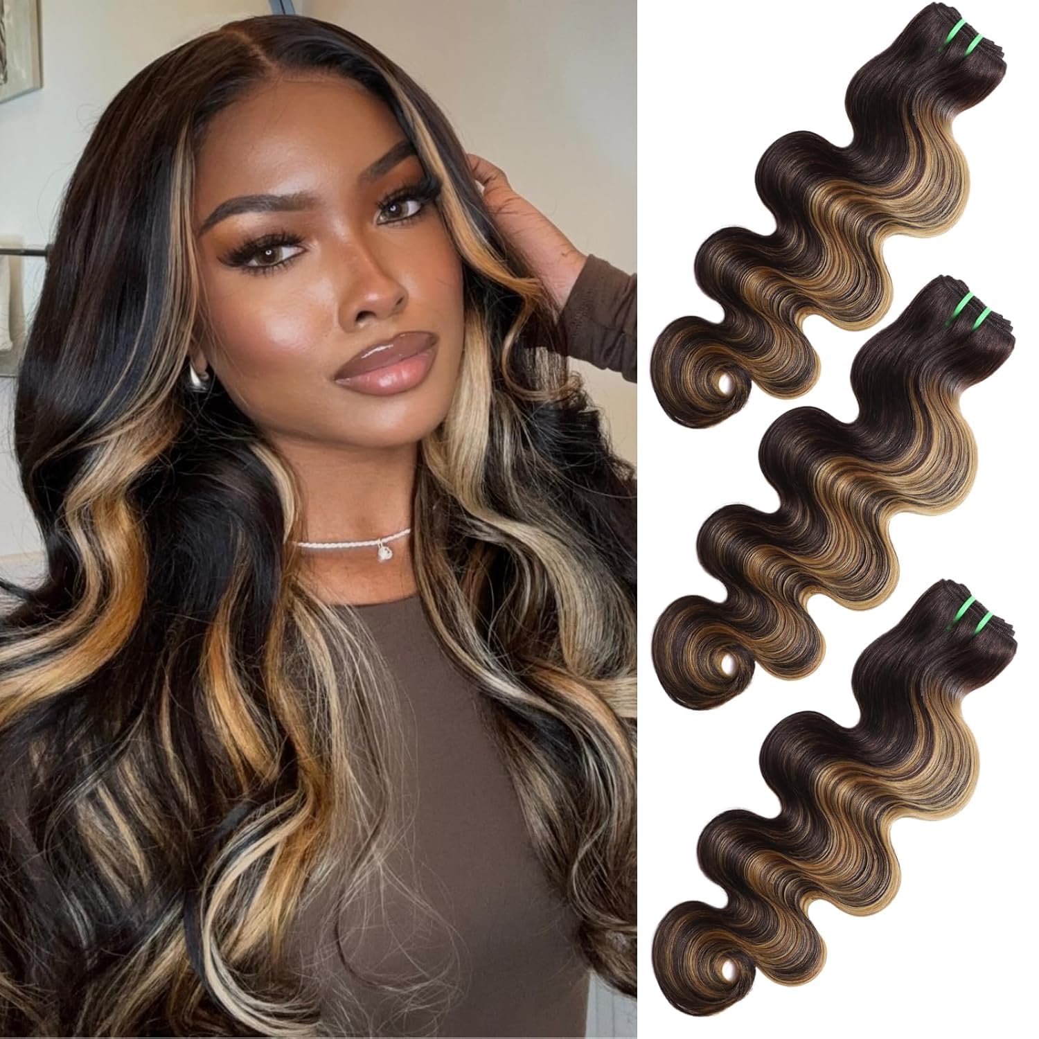 13A Double Drawn Honey Blonde Highlight FB27 Bundles 18 20 22 Inch Body Wave Human Hair, Black With Honey Brown Highlight Raw Human Hair 3 Bundles Unprocessed F1B/27 Ombre Sew In Extension