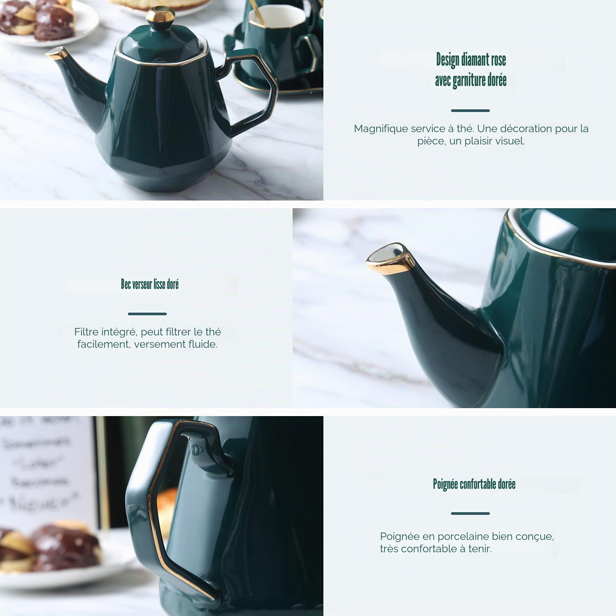 DUJUST Service à Thé 14 Pièces de 6 avec Plateau à Thé et Cuillères, Ensemble de Tasses à Thé/Café Design Diamant Moderne avec Garniture Dorée, Ensemble Théière/Thé en Oorcelaine - Vert