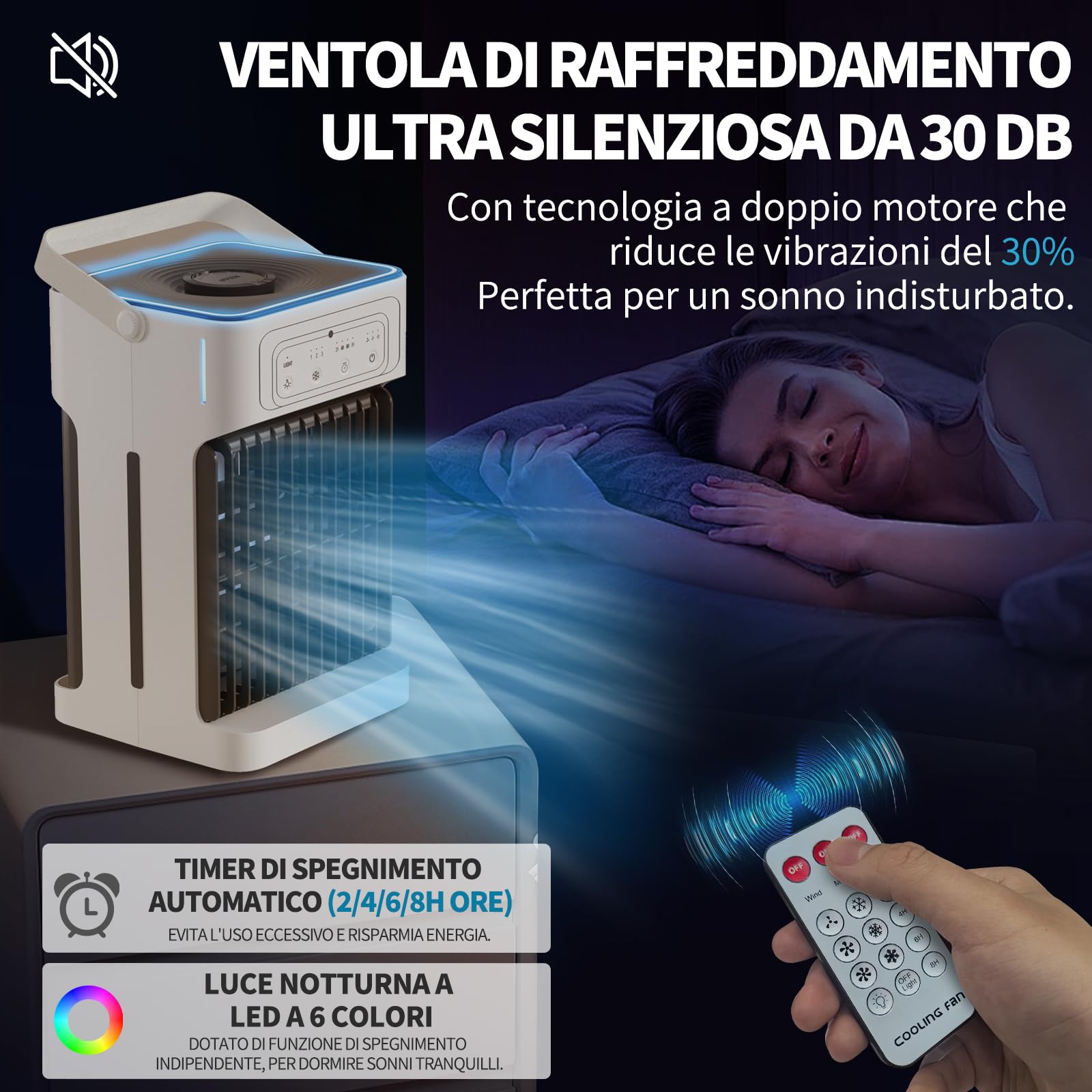 YFFU Condizionatore Portatile con Telecomando,1100ml Doppio Motore e Ventola Mini Climatizzatore,Timer 2-8, 3 velocità 3 Nebulizzazione,Ventilatore Aria Fredda per Casa Ufficio,Argento Bianca
