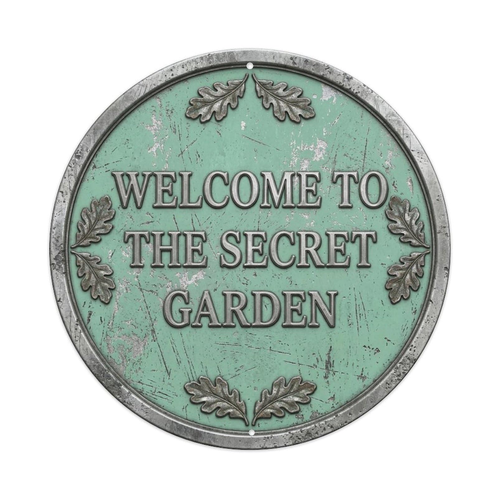 Vintage Welcome Secret Garden Pewter Mint Leafy Metal Tin Sign