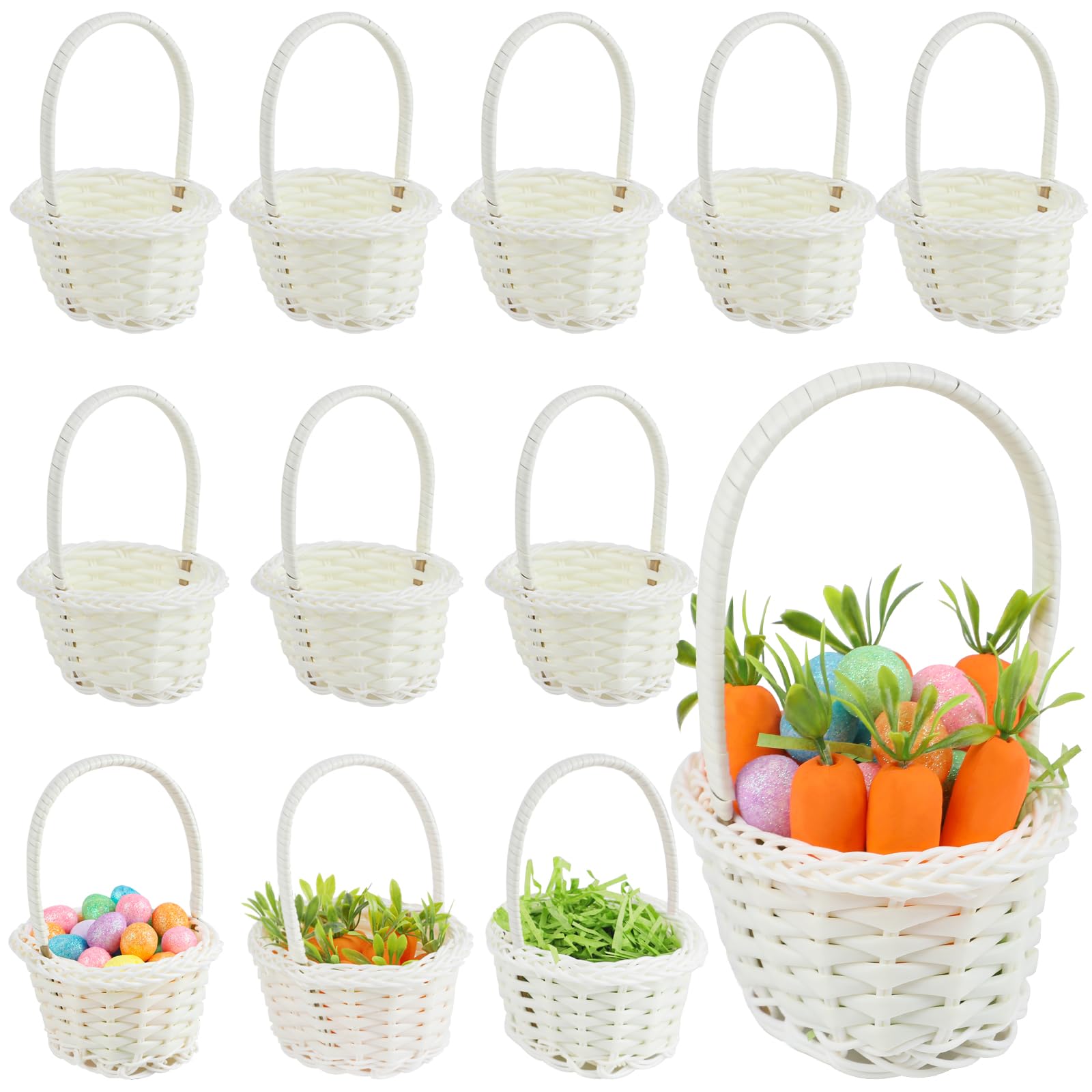 FOIMAS Confezione da 12 mini cestini pasquali con manici, 100 uova di Pasqua colorate e 12 carote in schiuma di rafia, decorazioni per capannoni per feste di Pasqua