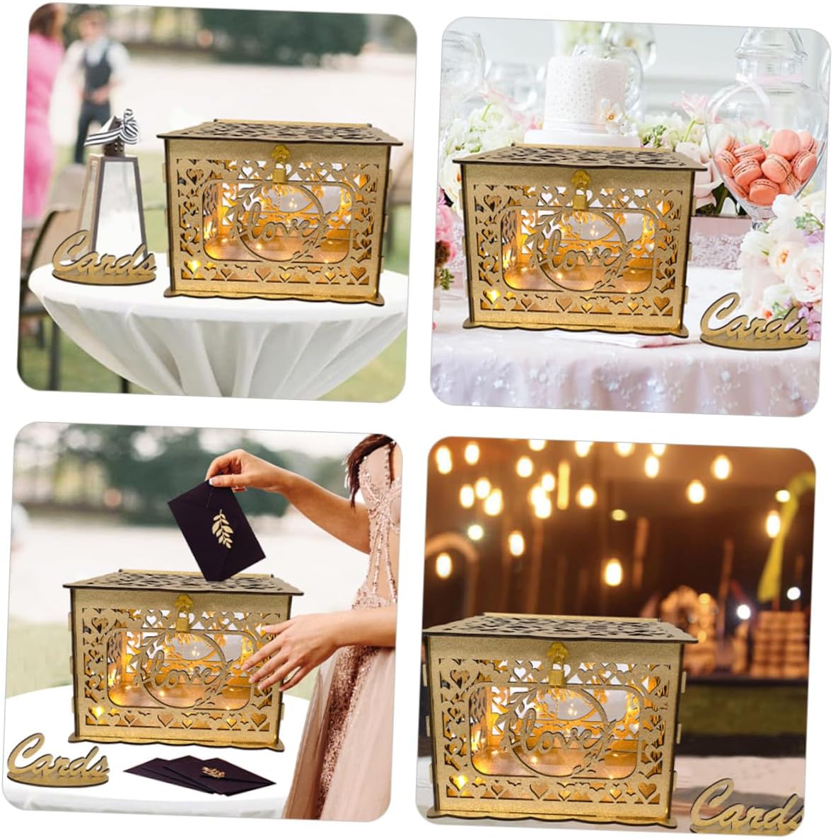 Wooden Hollow Greeting Card Box with Lock Portable Square Wood Card Holder for Wedding Birthday Party and Valentine’s Day Decoration