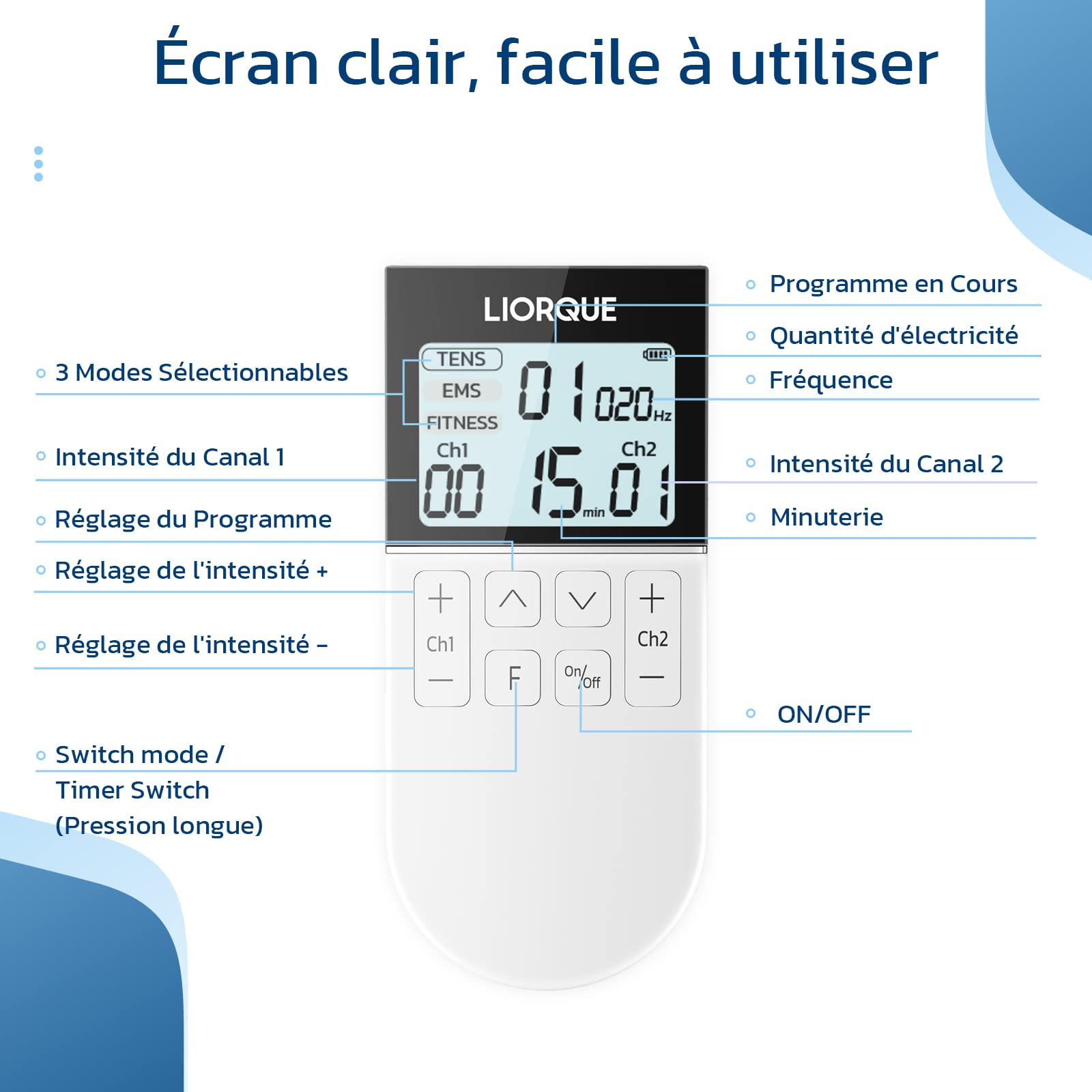 LIORQUE Électrostimulateur Musculaire, Stimulateur Musculaire TENS avec 2 Canaux Indépendant, Avec 3 Modes de Fonctionnement de TENS/EMS/FITNESS pour un total de 50 Programmes de Massage