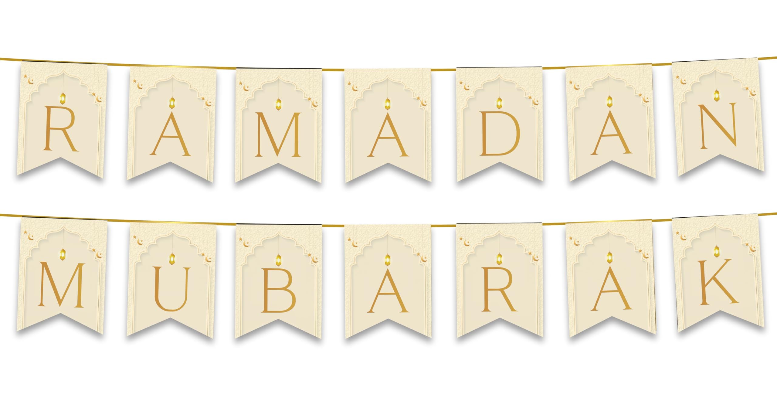 Ramadan Mubarak Bunting Decorations (Natural Beige Letters) - Ramadhan Kareem Banner Flags Hanging Decor for Home Domes Lanterns Moon Star