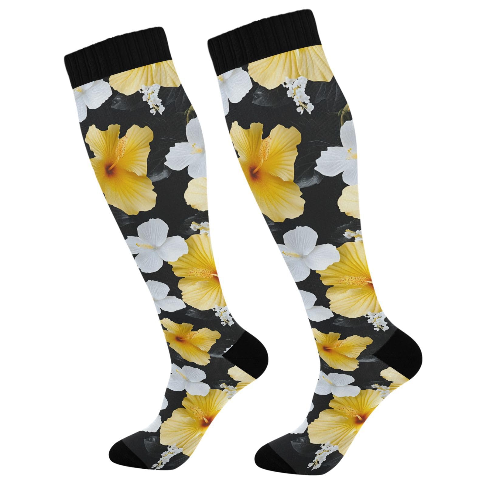 Wassud Yellow Hibiscus Flowers Compression Socks for Women and Men 20-30 mmHg Knee High Socks for Nurses Travel Socks 2 Pair