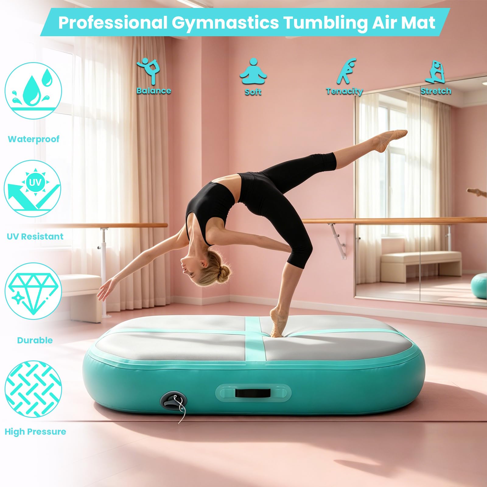 Tappetino da ginnastica gonfiabile Air Track con pompa ad aria, 100 cm, tappetino da ginnastica, tappetino da allenamento, per casa, all'aperto, yoga, ginnastica, allenamento, cheerleading