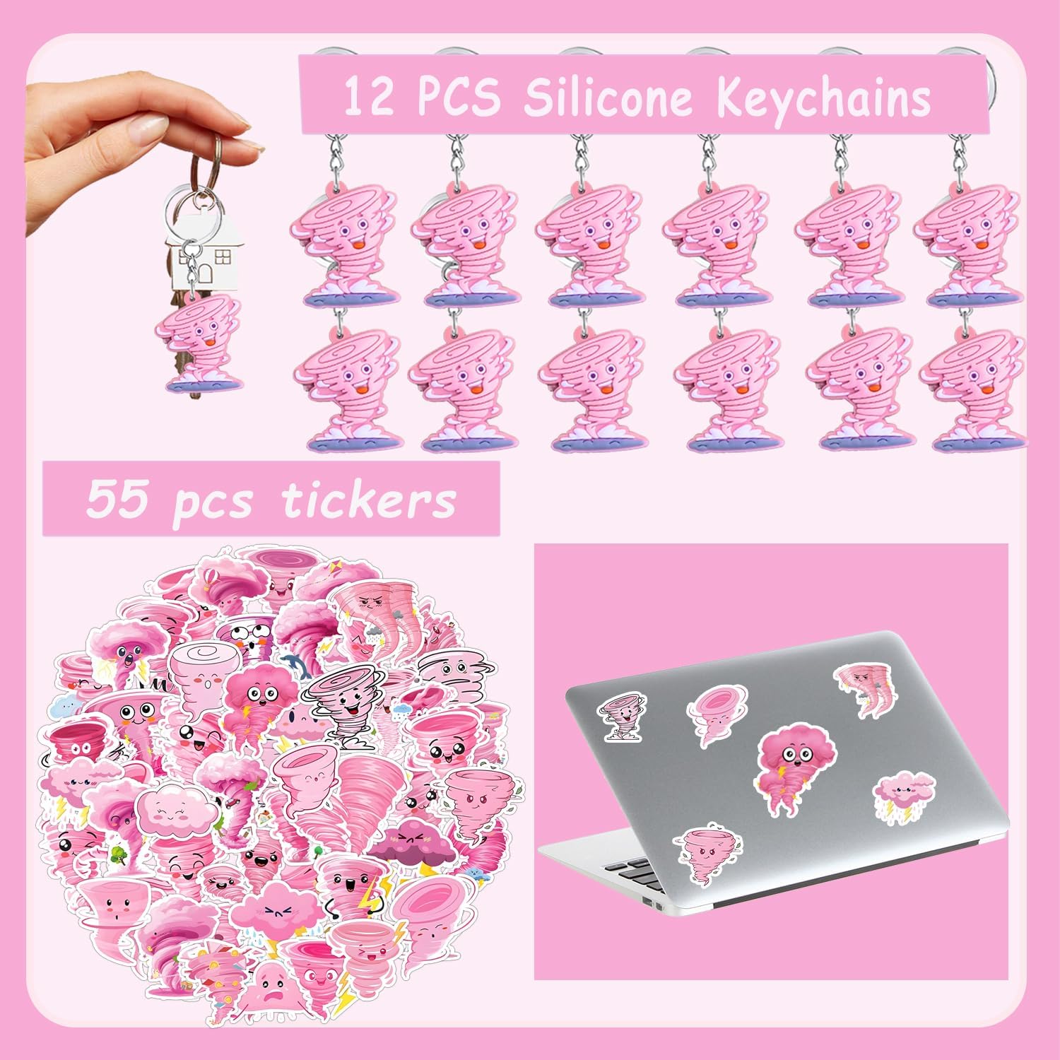 98 PCS Pink Tornado Party Favors, Two Nado Birthday Party Decorations Tornado Temporary Tattoos Slap Bracelets Keychains Tornado Stickers Badges for Tornado Birthday Party Decor Supplies