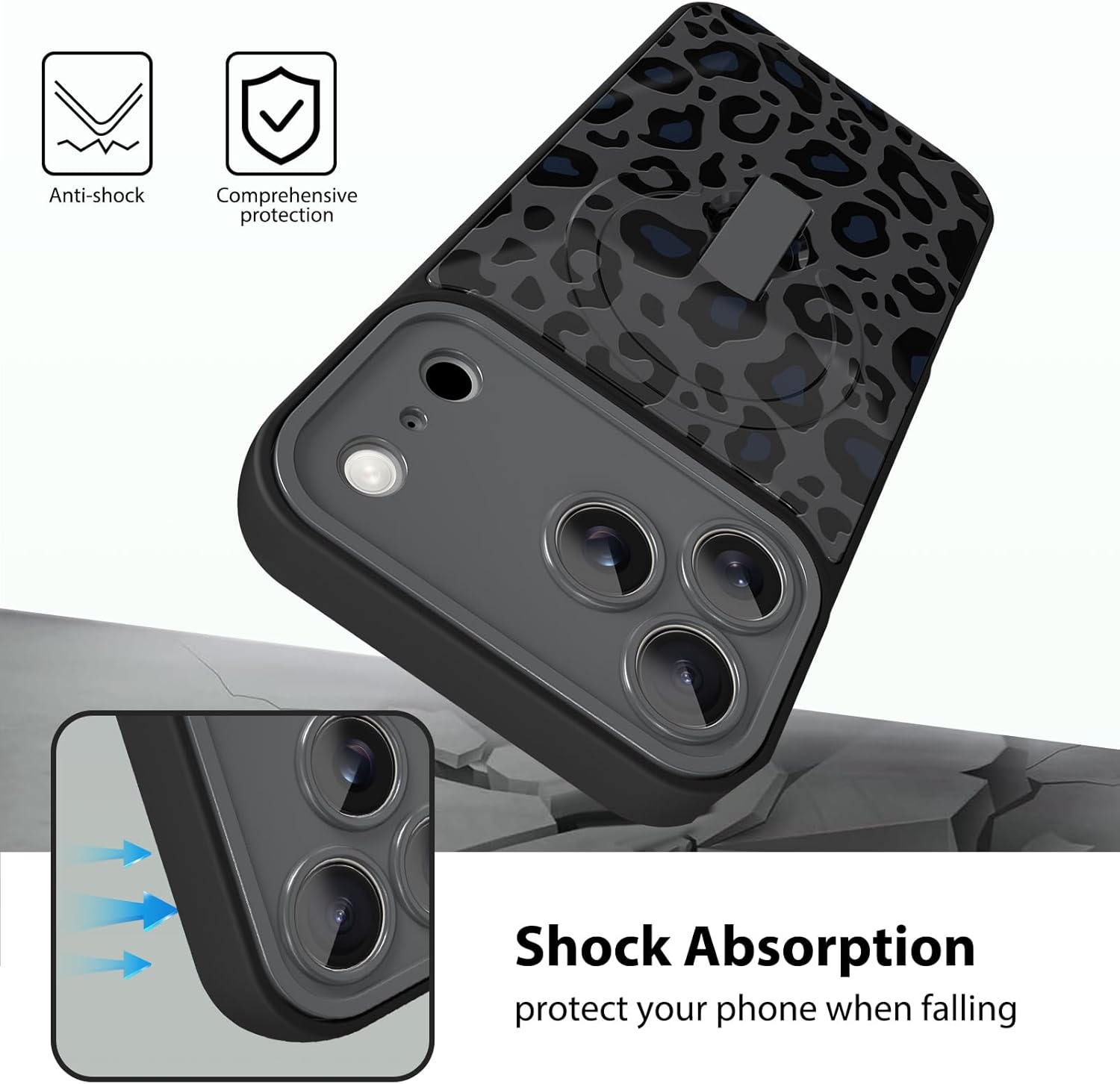 KANGHAR Compatible with iPhone 17 Pro Case Black Leopard Print Pattern Compatible with Magsafe Cute Cheetah Wristband Stand Phone Magnetic Cover for Women Girls Men Protective Cover