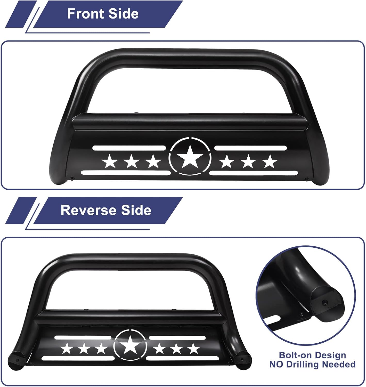 Bull Bar 3 Front Grille Brush Push Bumper Guard with Removable Skid Plate Compatible with Chevy Silverado 1500 / GMC Sierra 1500 2007-2018, for Chevy Suburban 1500 2007-2014,Black