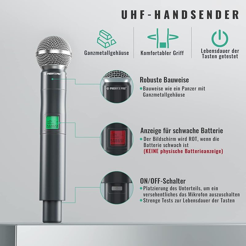 Phenyx Pro PTU-5000A Vezeték Nélküli Mikrofon Szett - 4 Csatornás UHF Kézi Mikrofon Rendszer Karaokéhoz, Rendezvényekhez, 260 Méteres Hatótá