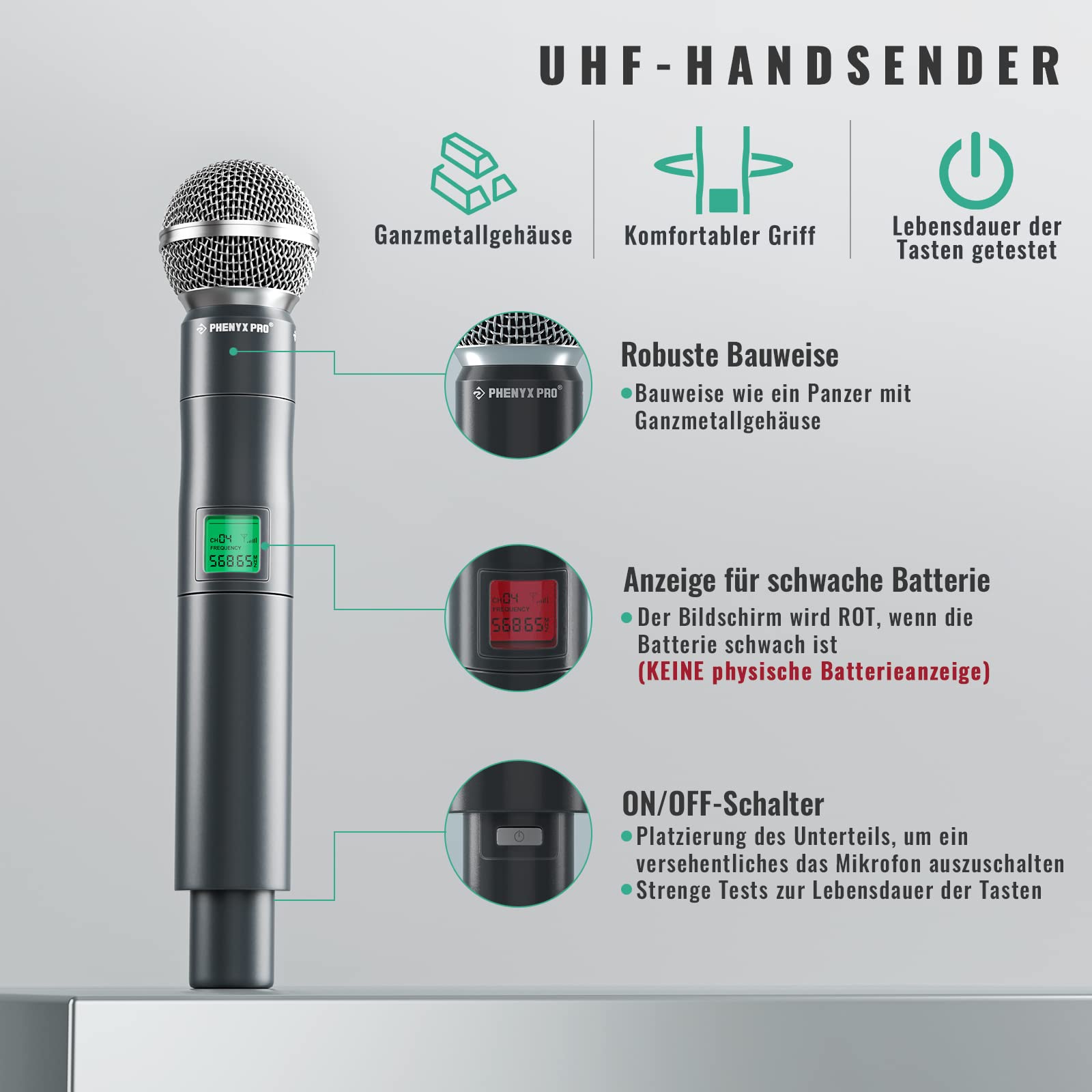 Phenyx Pro Drahtloses Mikrofonsystem, 8-Kanal UHF kabelloses Mikrofon mit Metall-Handmikrofonen, dynamisches Festfrequenz-Mikrofon für Karaoke, Kirche, Gesang, DJ, 260ft Reichweite (PTU-4000-8H)