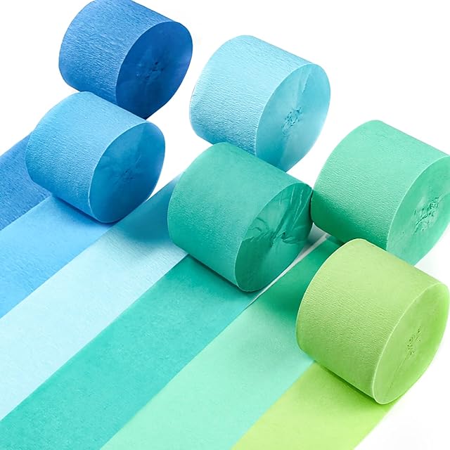 PartyWoo Serpentyny z papieru krepowego 6 rolek 492 stopy, opakowanie niebieskich, pastelowych niebieskich, zielonych i limonkowych serpentyn do dekoracji urodzinowych (1,8 cala x 82 stopy / rolka)