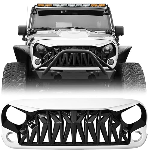 Miniatura 10 de Parrilla frontal de tiburón compatible con Jeep Wrangler Rubicon Sahara Sport JK JKU 2007-2018, negro mate