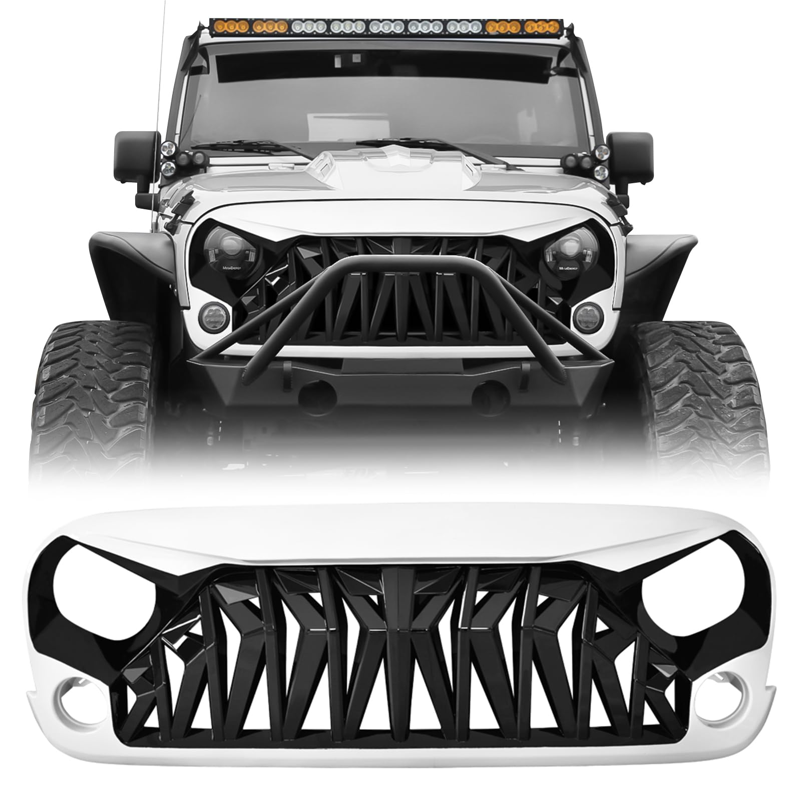 Photo 1 of ICARS Front Grill Shark Grille Compatible with 2007-2018 Jeep Wrangler Rubicon Sahara Sport JK JKU, White and Black