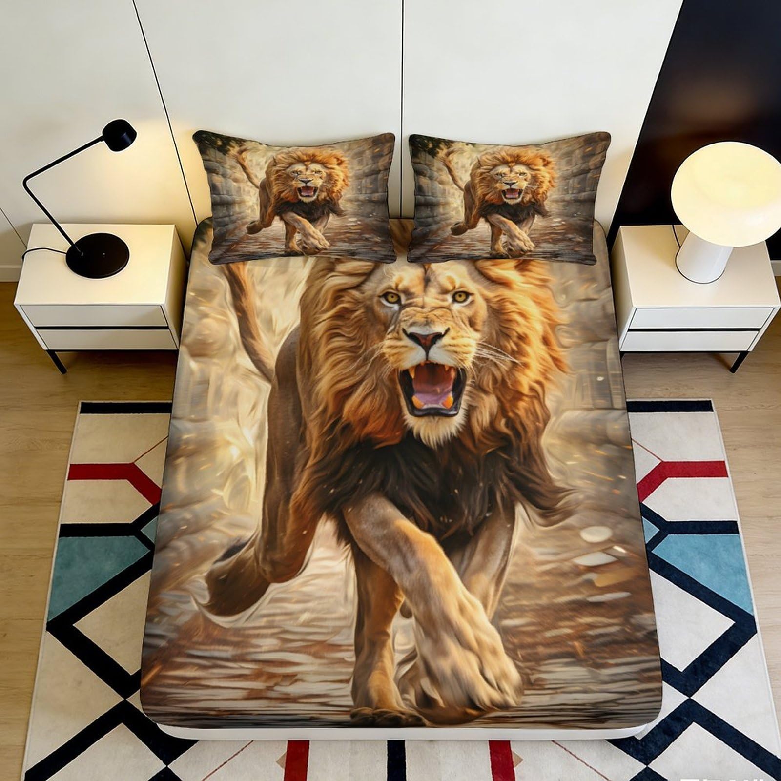 3D Printed Roaring Lion Fitted Sheet Microfiber Slip-Resistant Wild Animal Mattress Cover for Bedroom Dorm Decor, Easy Care 120x200x25cm
