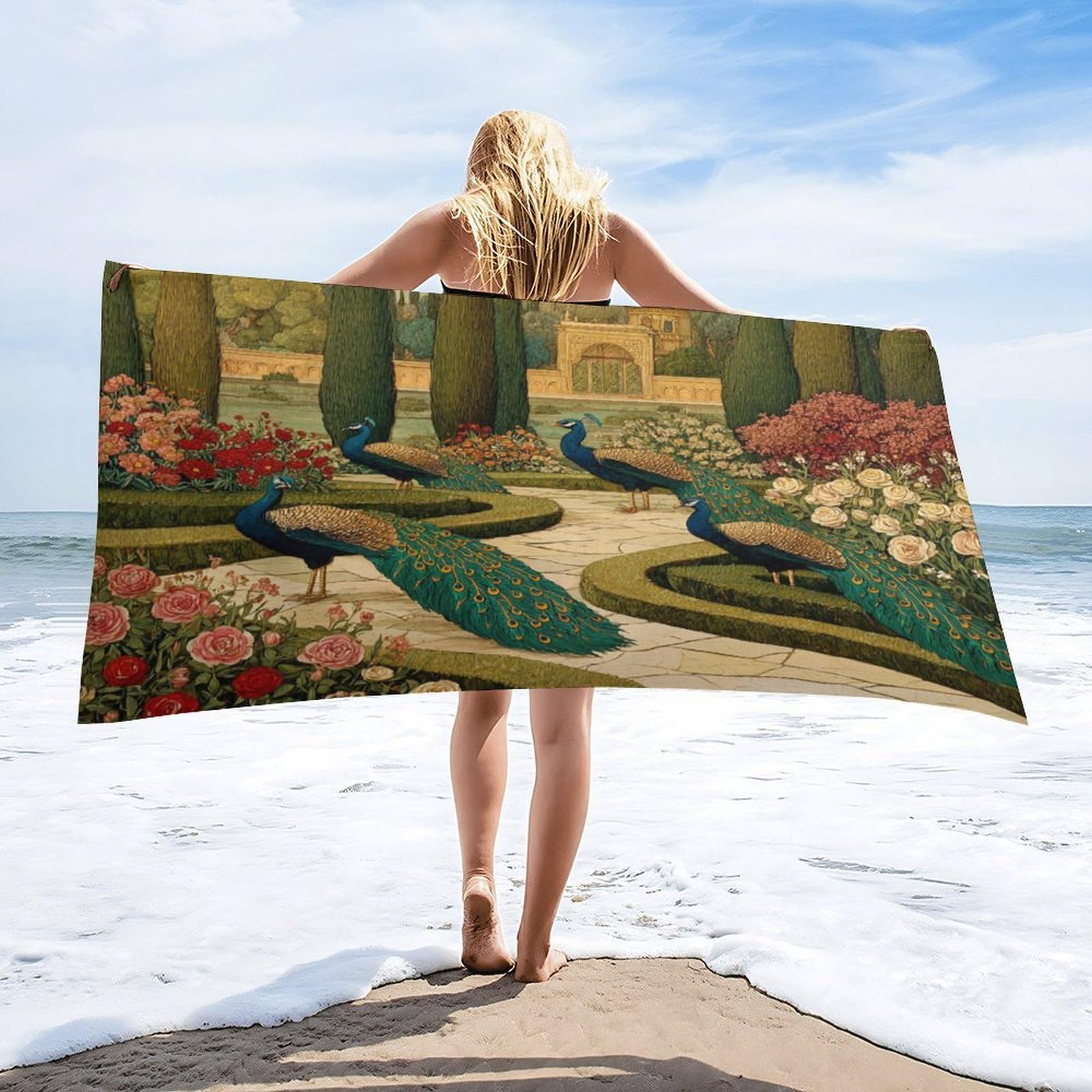 Luyysky Modern Realistic Elegant Peacock Absorbent Beach Towel, Vintage Rustic Spring Garden Animal Peacock Plant Floral Outdoor Single-Sided Velvet Beach Towel-80 W Cm X 160" L Cm