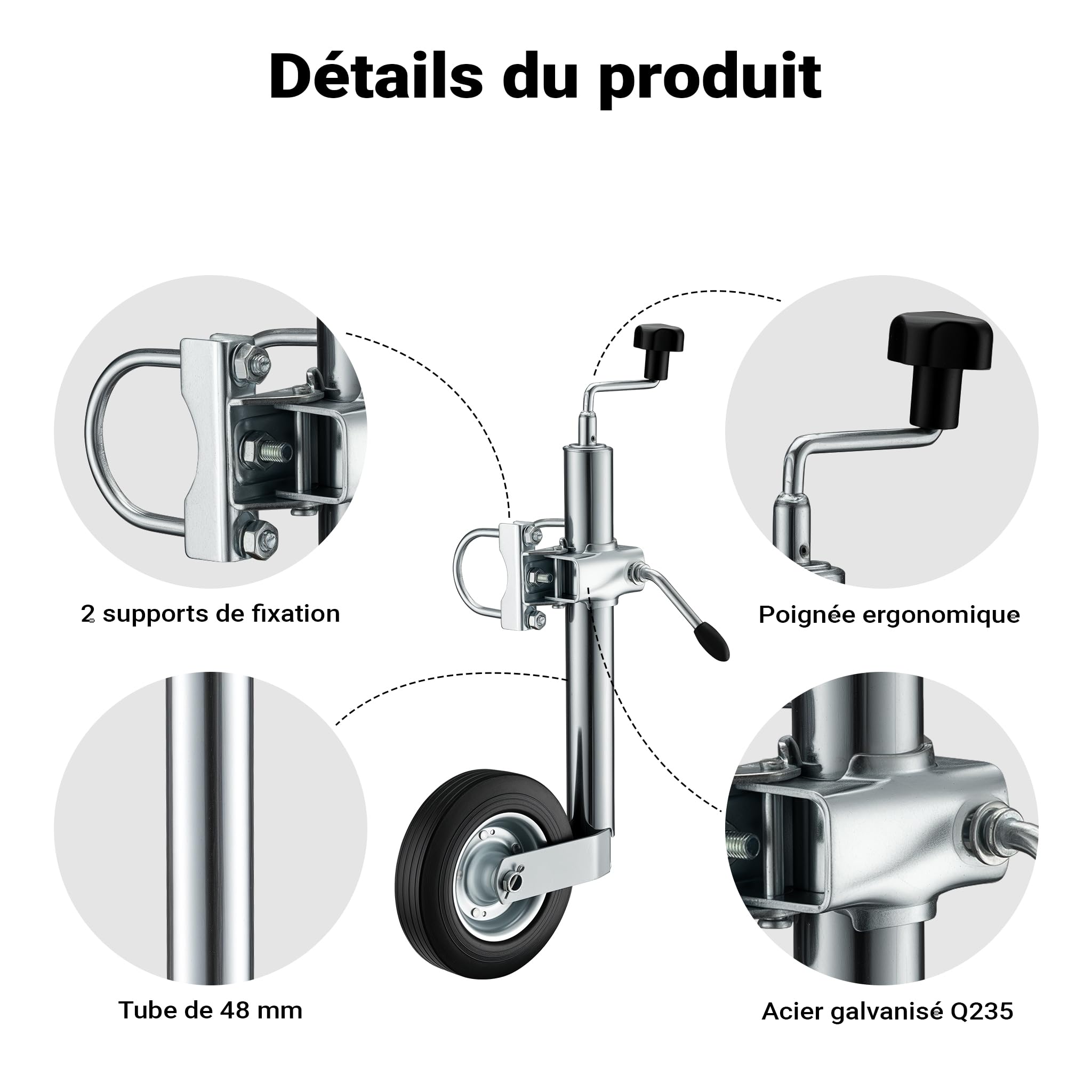 Wiltec Roue Jockey pour remorque – 840 x 260 x 48 mm – Charge Max. 362 kg – en Acier galvanisé – avec Borne de Serrage & Dispositifs de Serrage – Caravanes Roulottes