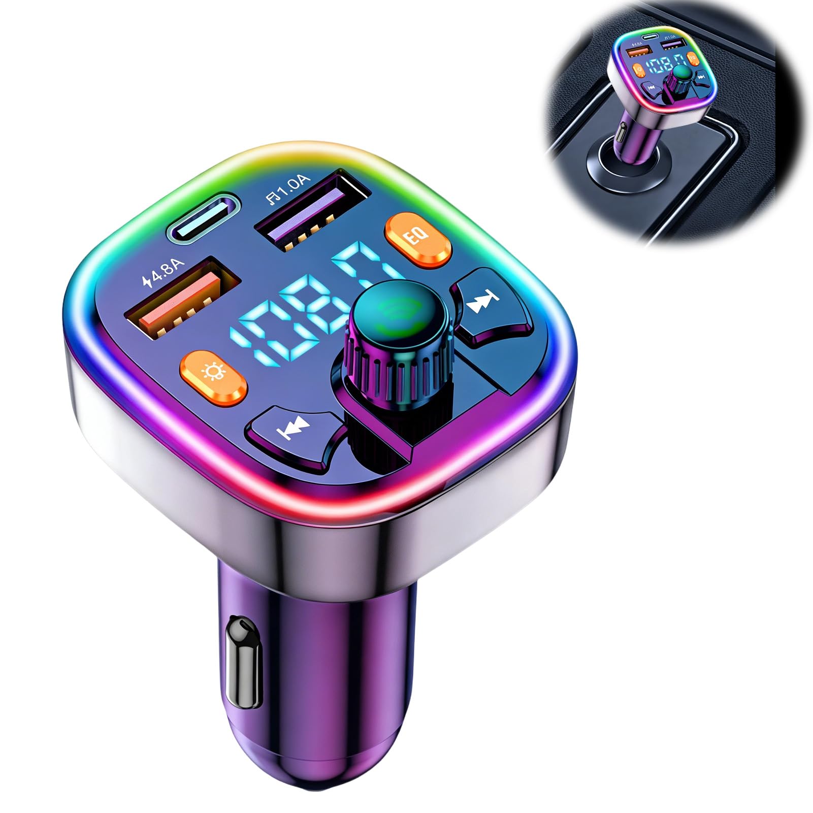 Bluetooth Car Adapter, Q5 FM Wireless Bluetooth Transmitter, PD20W Fast Charger, Dual USB Ports (4.8A & 1A), Hands-Free Calling, USB Flash Drive, for Phone & Android[Light Switch] — view 7