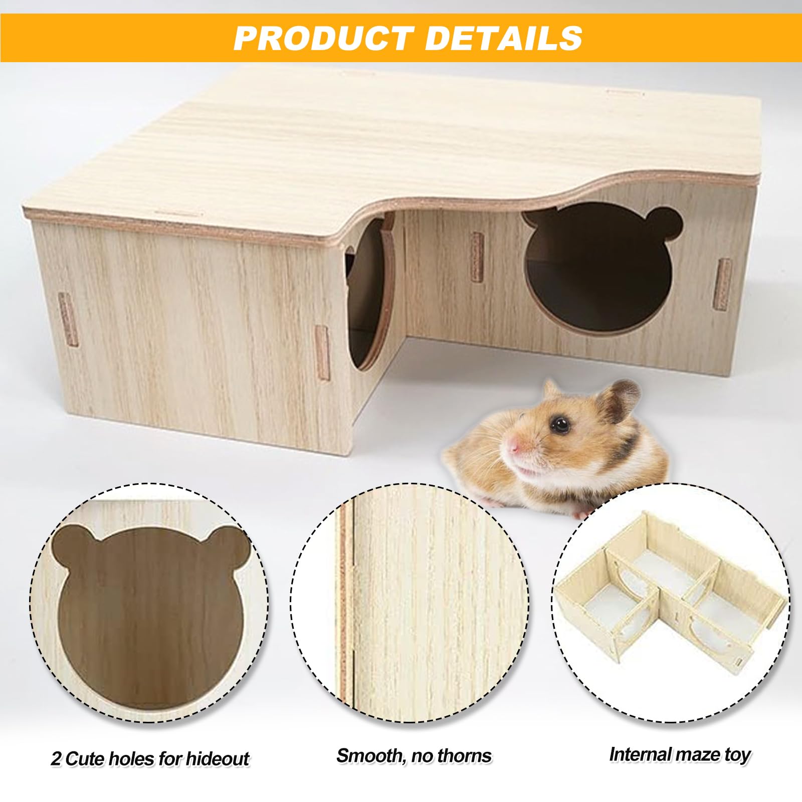 SenZee Maison pour hamster en bois, cachette multi-chambres en bois avec couvercle pour hamsters et petits animaux de compagnie