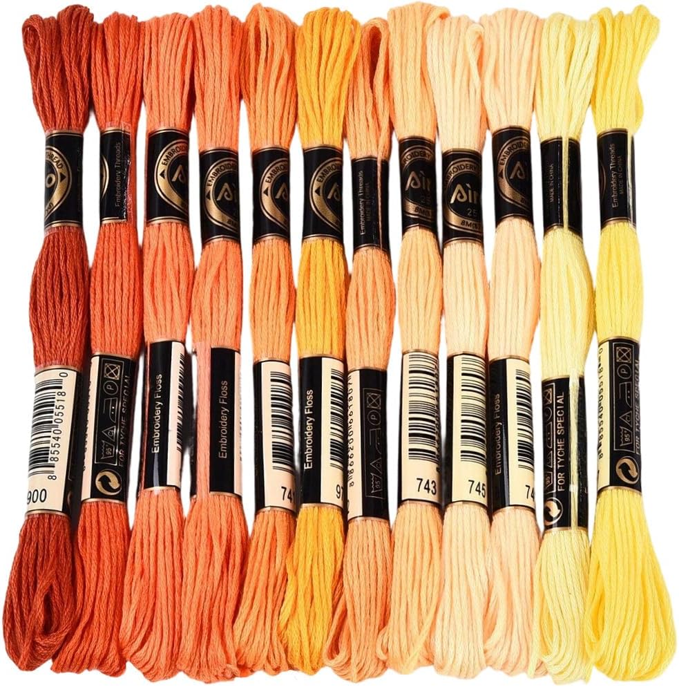12 Skeins 105 Yards 6 Ply Orange Yellow Embroidery Floss Gradient Friendship Bracelet String Variegated Assorted Bulk Cross Stitch Cord Polyester Thread Set for Hand Making Sewing DIY Craft