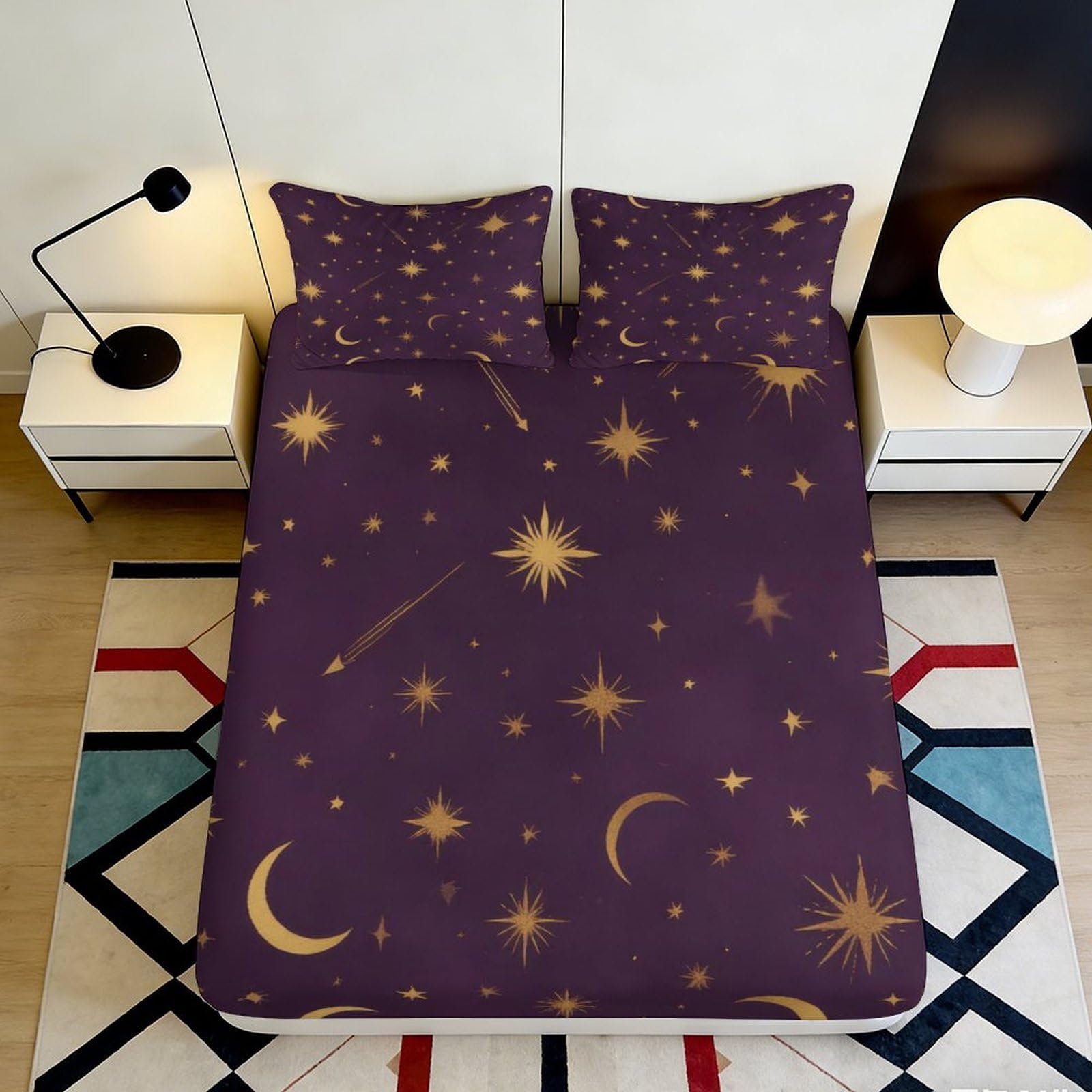 Jqzkxnhpbr Style-4 3D Printed Galaxy Starry Sky Fitted Sheet Microfiber Soft Purple Moon Mattress Cover Bedroom Decor 90X200x25cm