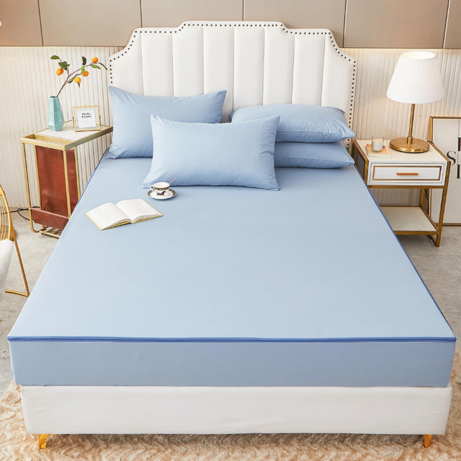 Solid Color Waterproof Fitted Sheet Queen Mattress Protector Soft Zippered Cover with Pillowcase and Machine Washable Deep Pockets,White,120 * 200+25cm