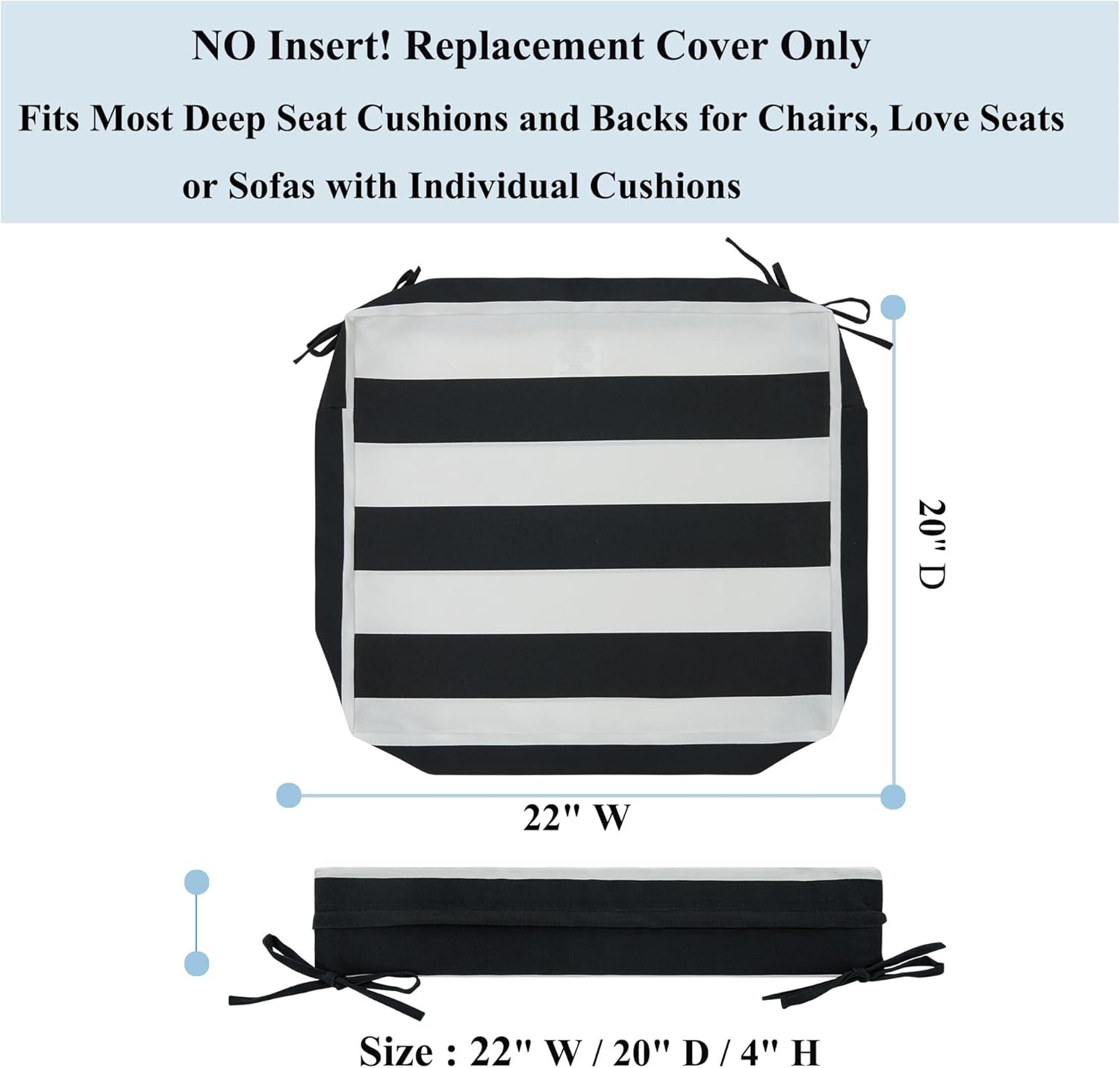 FUNHOME Patio Cushion Covers 22 x 20 x 4 Inch, No Insert! Water Repellent Outdoor Cushion Covers Set of 2 with Zipper and Tie, Replacement Cover Only(Black White Stripe)
