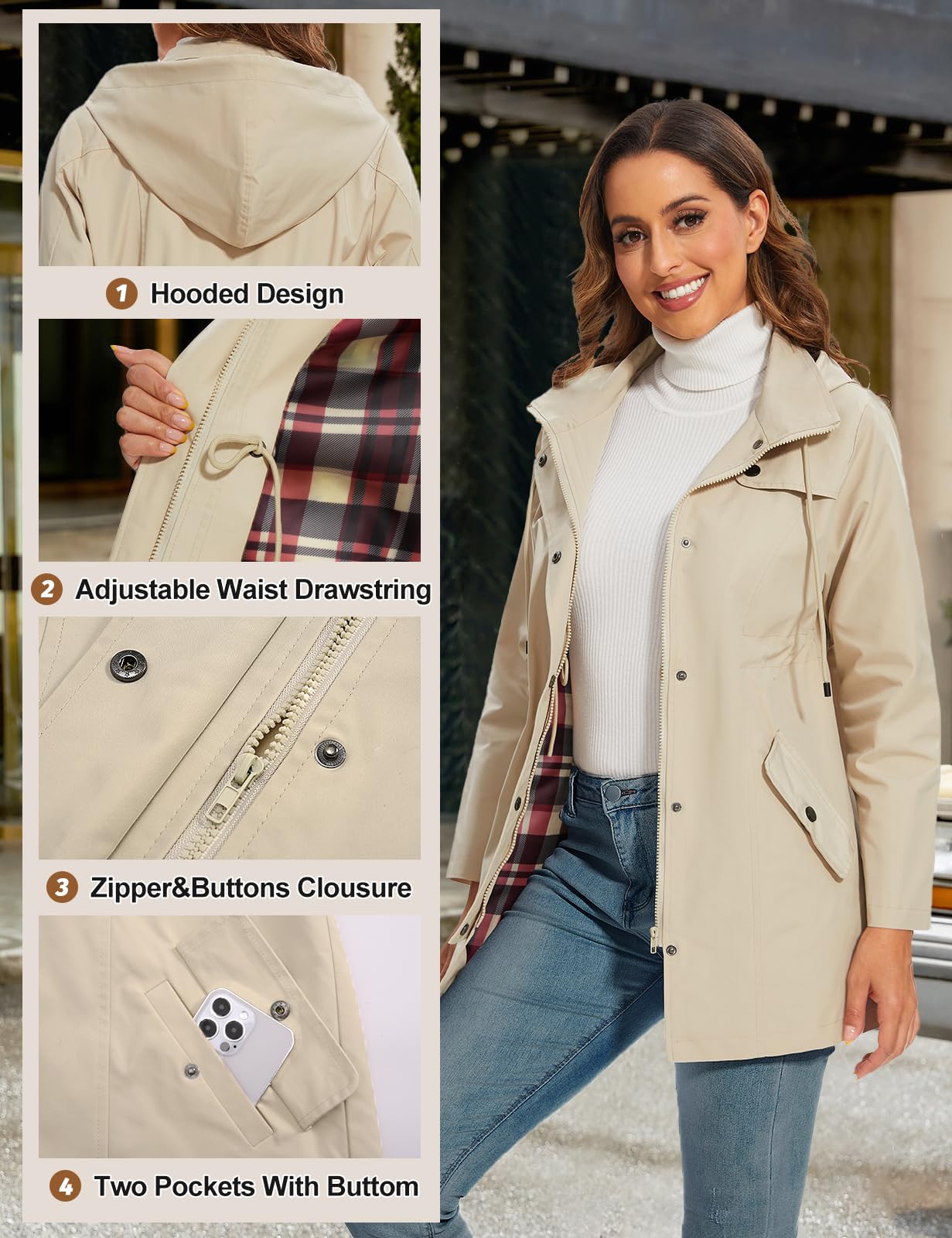UMIPUBO Chubasquero Mujer Impermeable Cortavientos Parka Ligera Capucha Trekking