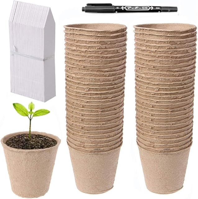 Abimars Biodegradable Fibre Seed Pots, 50 Pcs 8 cm Round Fibre Pots for Seedling with 50 Pcs Plastic Plant labels and Plant label pen