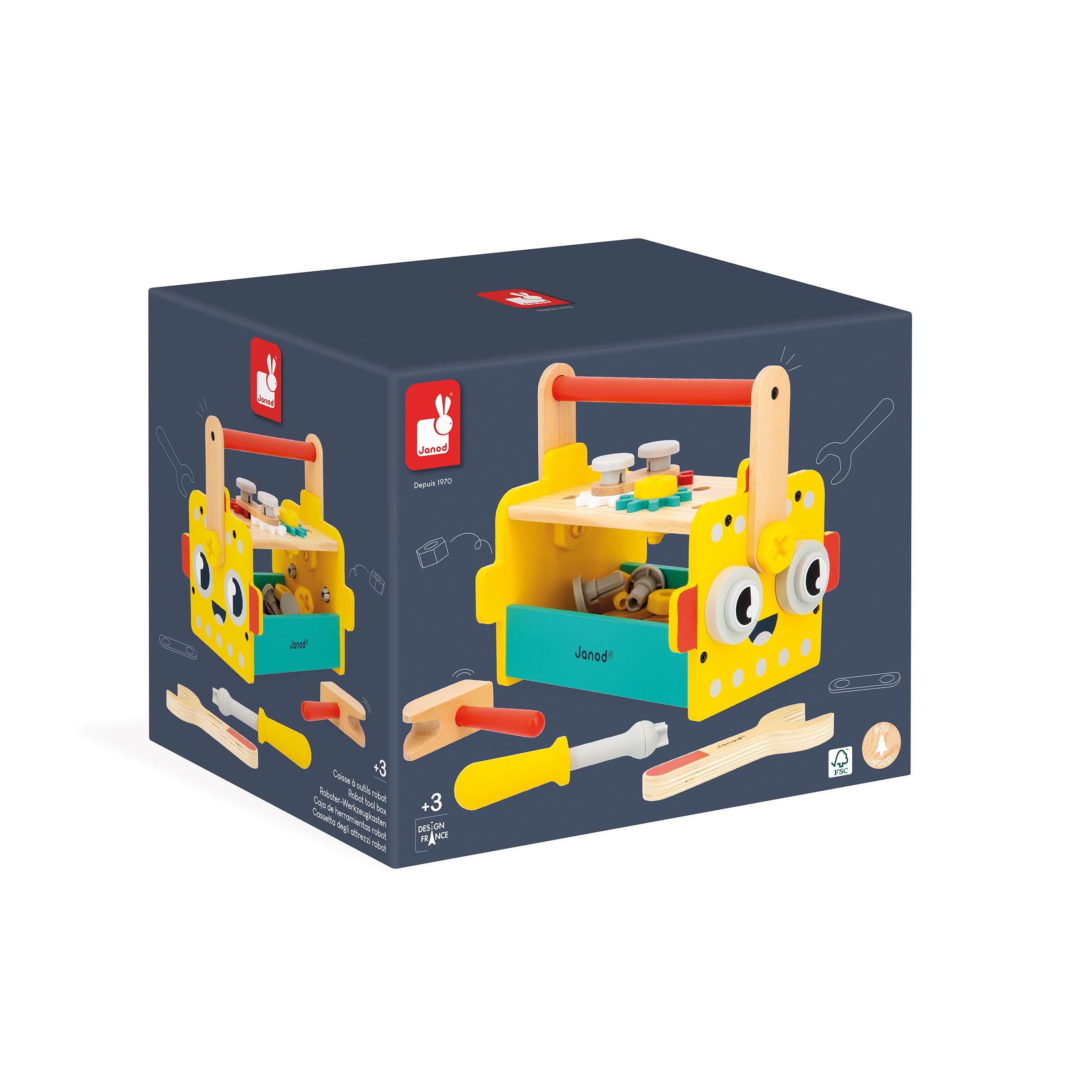 Janod - Mon Premier Jeu de Construction - Caisse à Outils Robot - 30 Accessoires - Imitation - Développe la Motricité Fine - 3 Ans + - J06455