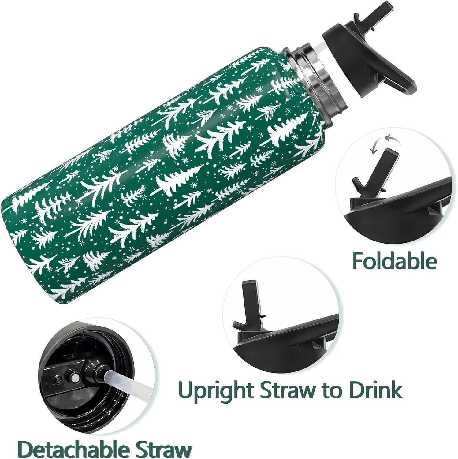 Christmas 40 oz Water Bottle with Straw Lid Christmas Tree Stainless Steel Double Walled Insulated Tumbler Winter Xmas Holiday Travel Cup Gifts for Men and Women