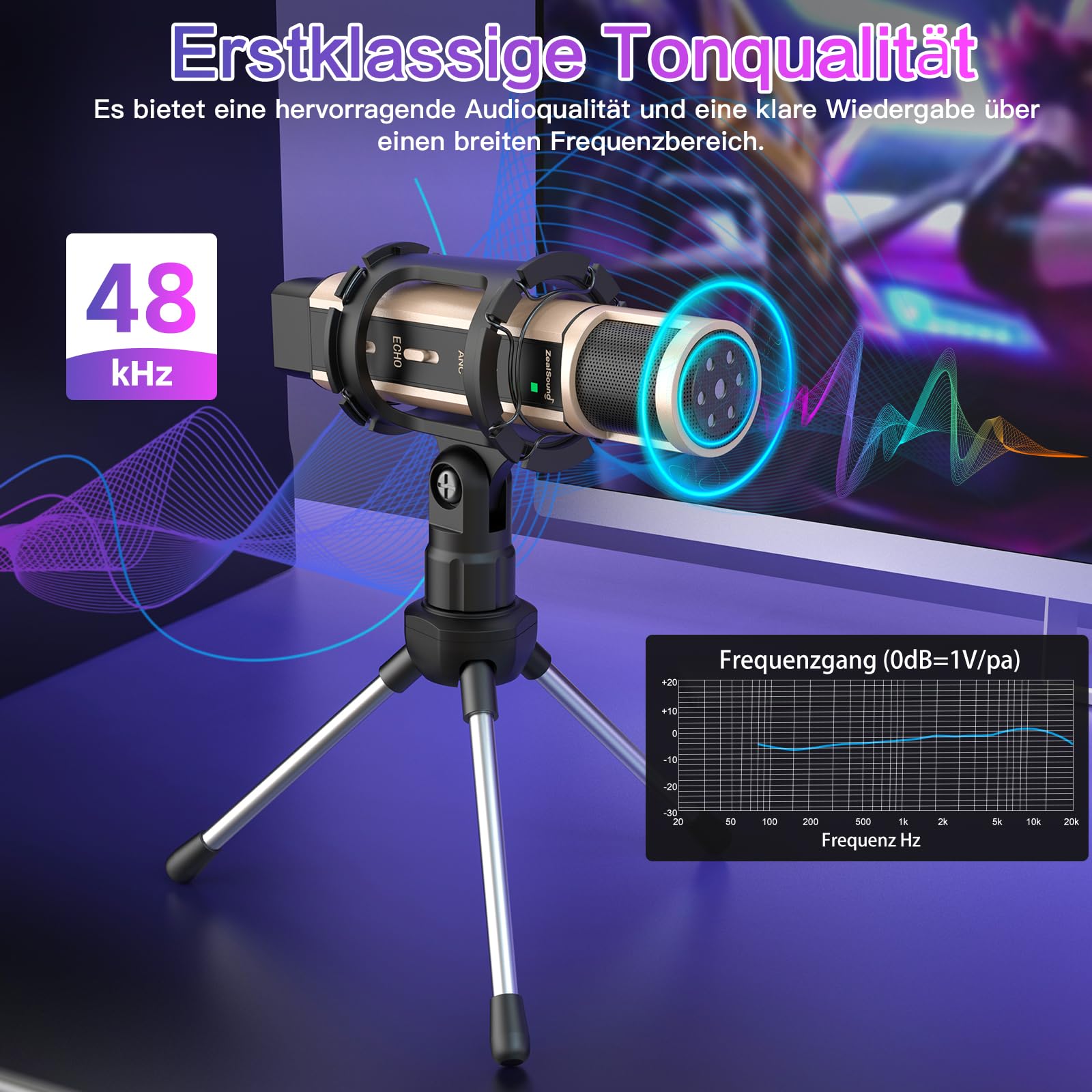 zealsound Mini USB Kondensator Mikrofon für PC Mac & Handy, Kompakt Tischmikrofon mit Rauschunterdrückung & Eingebauter Hall, Plug und Play für Aufnahmen, Streaming, Gaming, Live Stream, k08