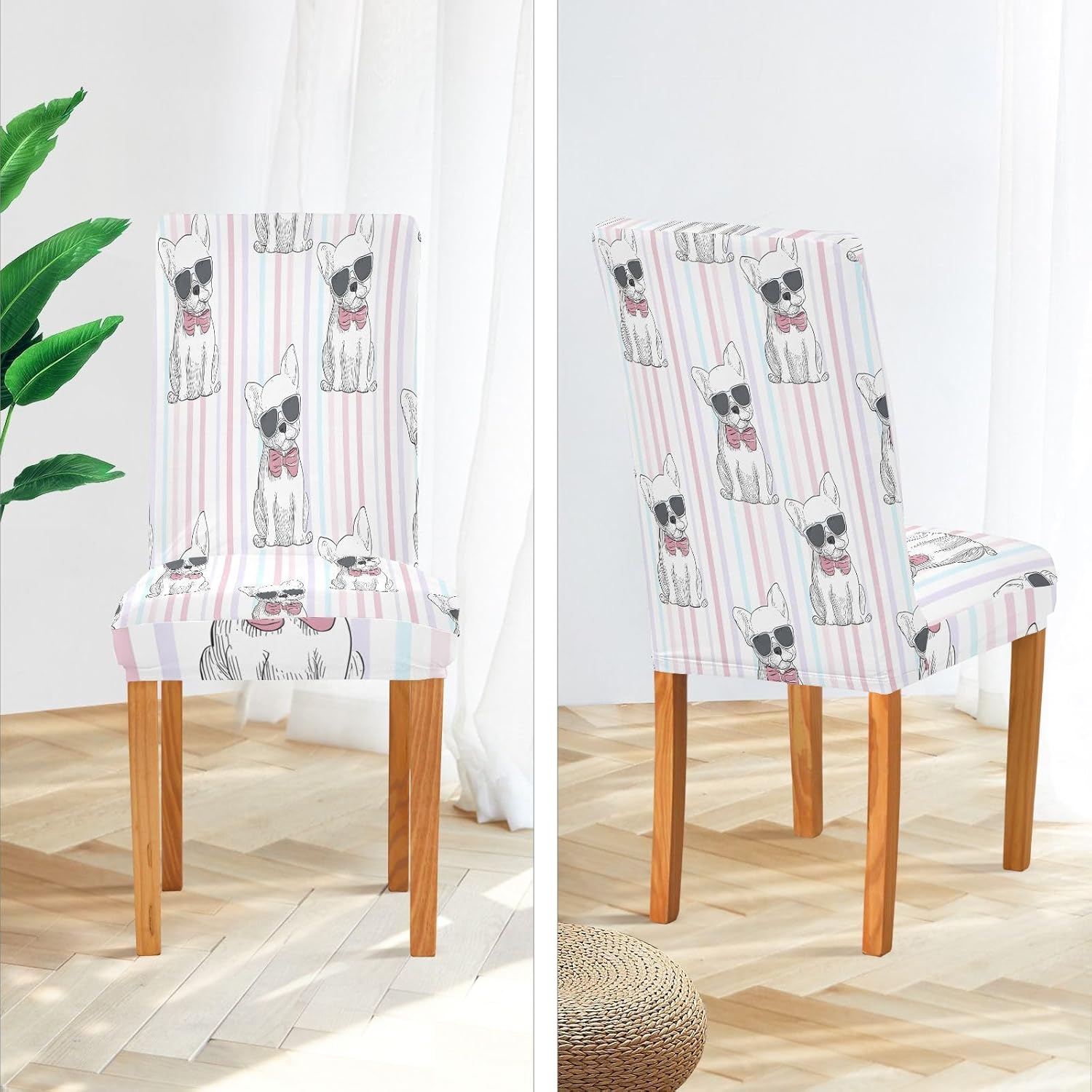 ALAZA Chair Covers for Dining Room, Dog with Sunglasses Bows Pattern Stretch Chair Cover Sets Chair Protector Removable Washable for Ktichen Restaurant Hotel
