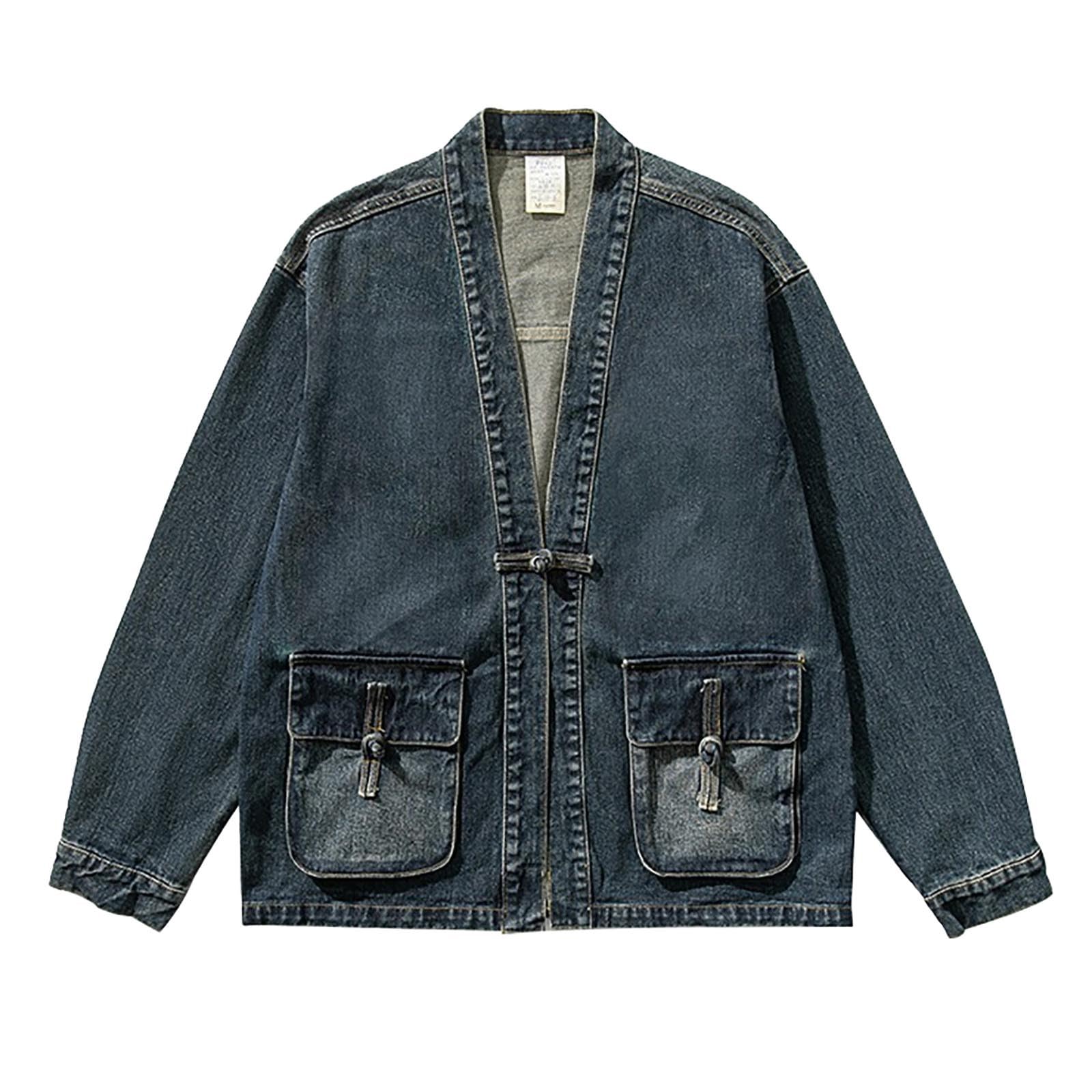 PETCDIM Mens Trendy Japanese Style Denim Kimono Jackets One Button Casual Washed Jean Jacket Hip Hop Distressed Vintage Coats