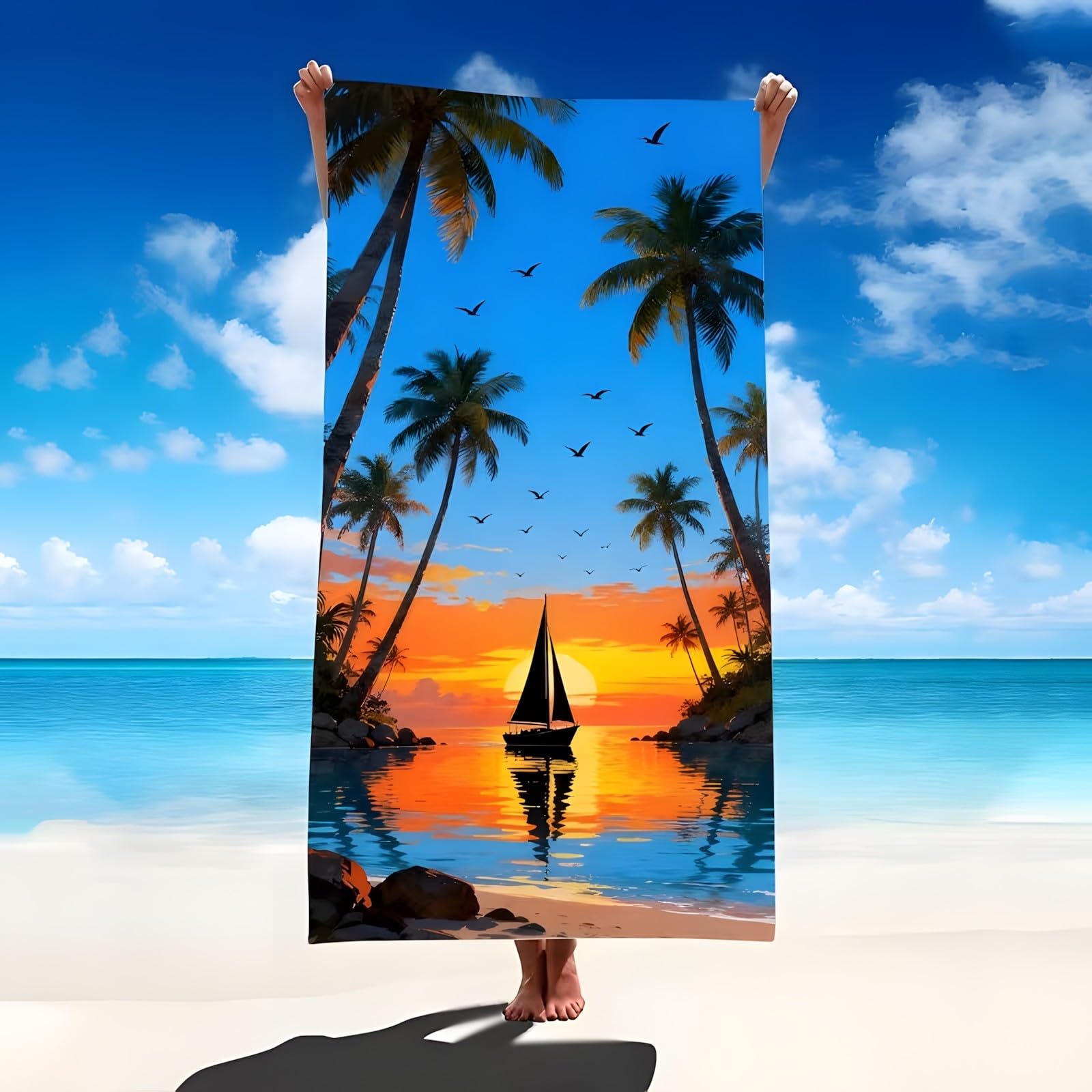 YZQGLHP Sail Microfibre Beach Towel Coconut Tree Beach Bath Towel Quick Drying, Lightweight, Sand-Free, Durable, for Pool, Gym, Camping, Travel Towel 90x200cm