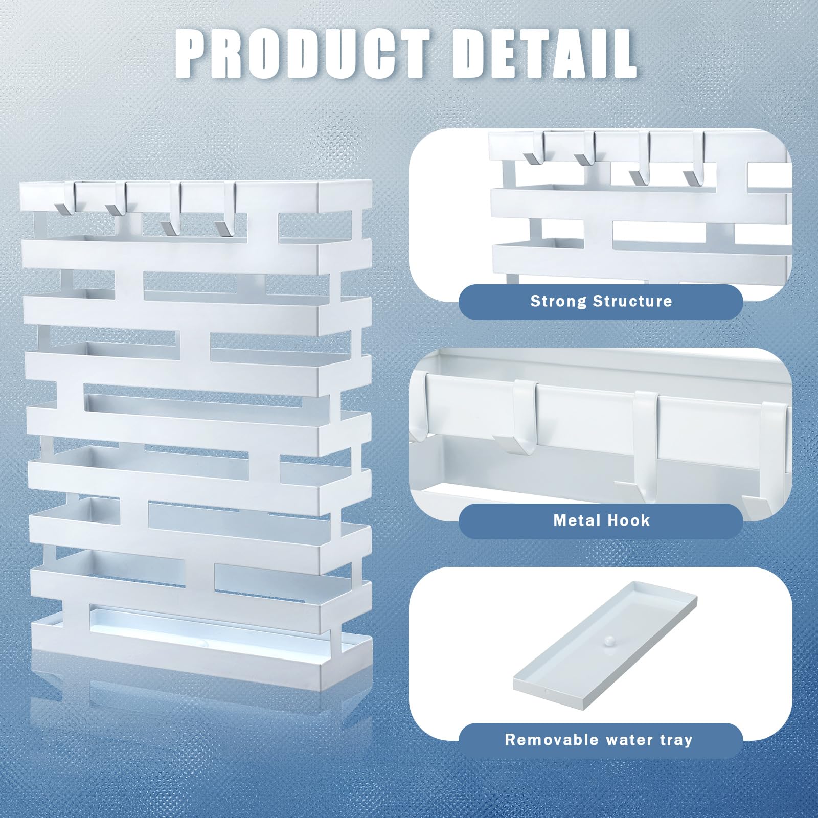 Umbrella Stands for Entryway Large Metal Umbrella Holder with Removable Water Tray and Hooks Decor Freestanding Rectangular Umbrella Hollow Rack for Home Office (White, 3.94 x 11.81 x 16.93 Inch)