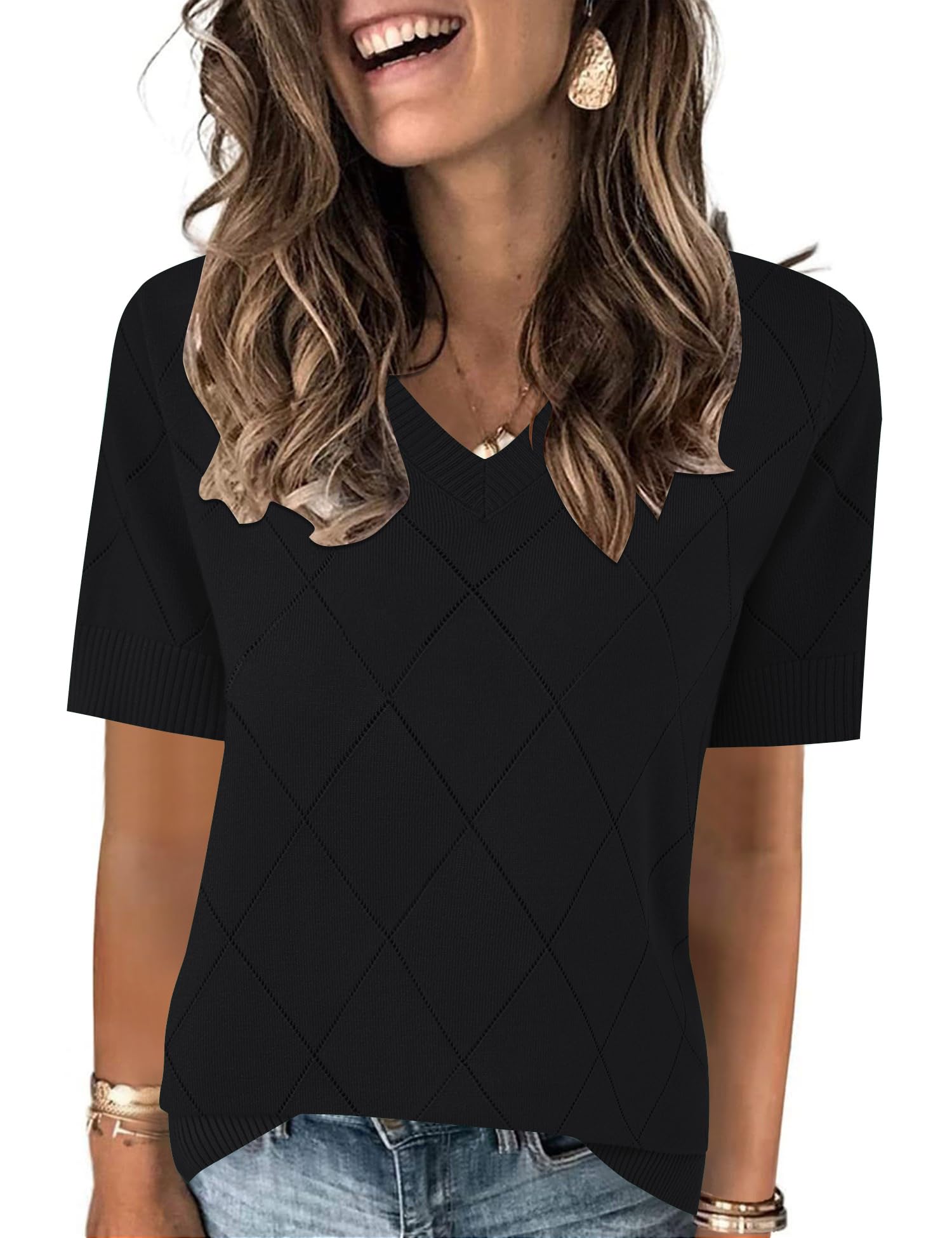 IECCP Womens Short Sleeve Sweater V Neck Summer Tops Lightweight Knit Pullover Blouses Business Casual Outfits