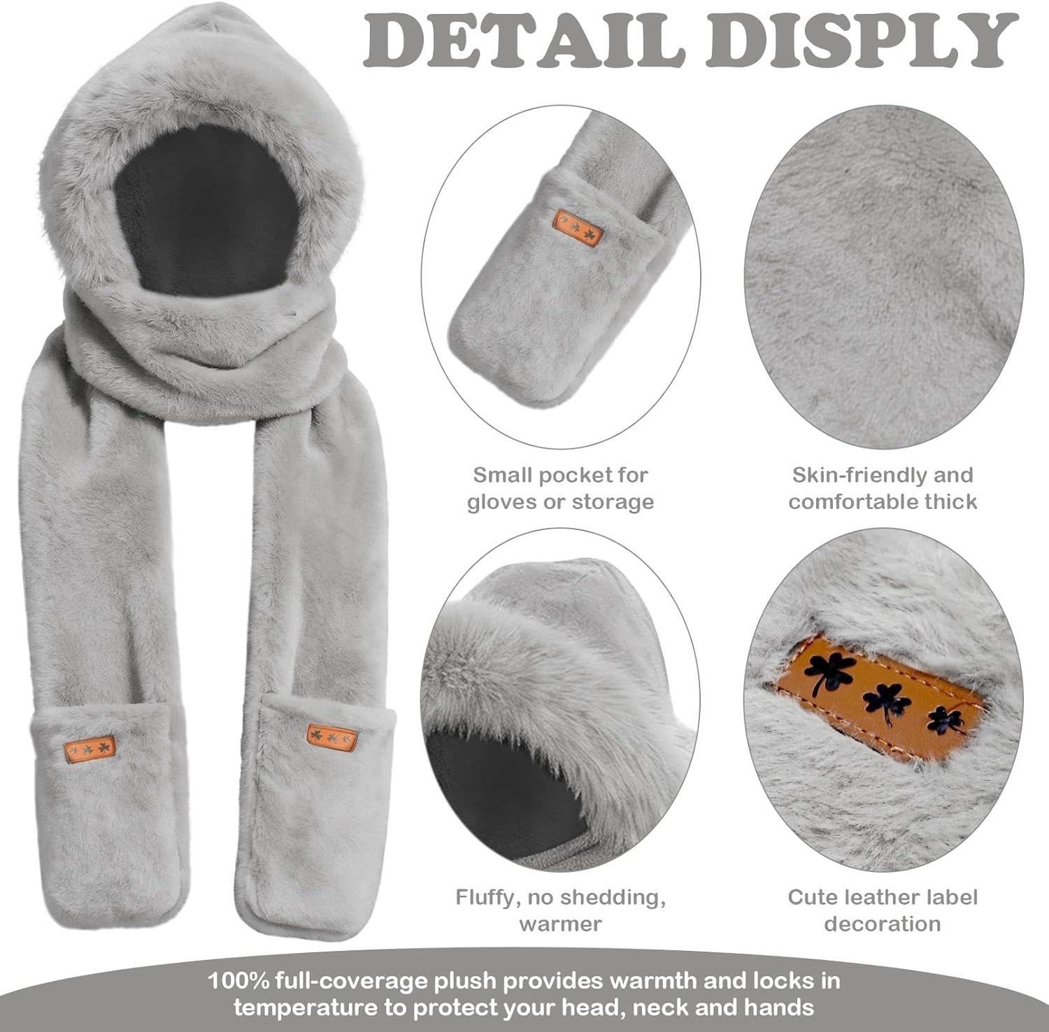 Hooded Scarf for Women Winter, Ear Hat Scarf 3 in 1Faux Fur Gloves Set Soft Thick Warm Hat - Image 6