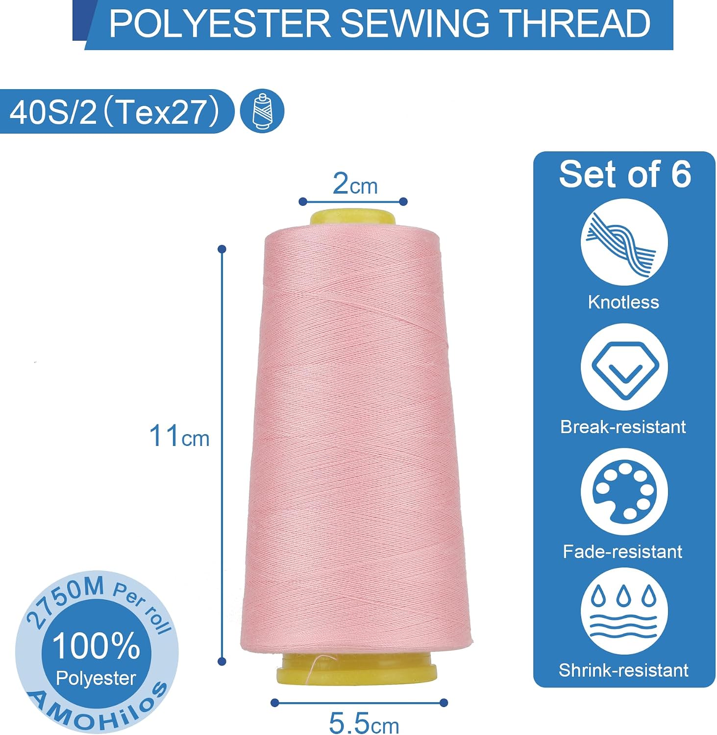 Polyester Sewing Thread All Purpose Knotless 40S/2 (Tex27) 6 Cones of 2750 Yards Each Spool Thread Total 16500 Yards for Serger, Sewing Machine (Mauve)