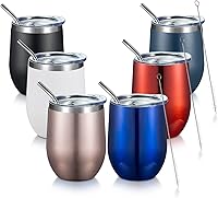 Vista 18 de COMOOO Vaso de vino de 12 onzas con tapa y popote, copa de vino de acero inoxidable, copa de vino de doble pared aislada al vacío para vino, Blanco