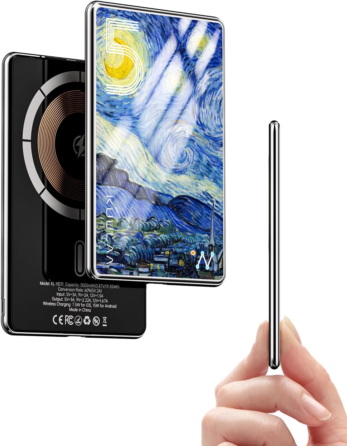 Power Bank Ultra Slim, MagSafe PowerBank 5000 mAh 6.9 mm, PD20W Small Power Bank, Magnetic Wireless External Mobile Phone Batteries for iPhone 16 Pro/15/14/13/12 Series, Strong Protective Glass