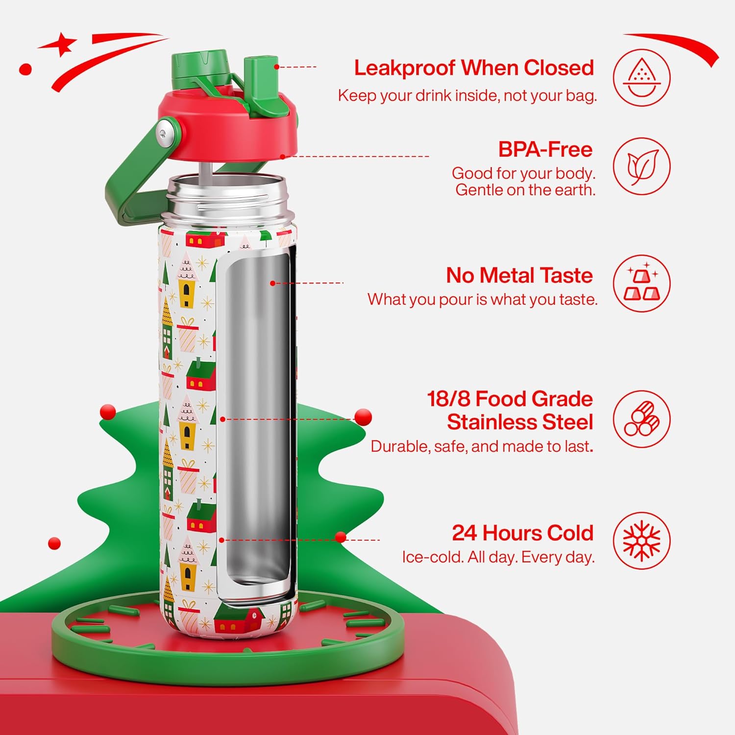 ENCOOL Christmas Insulated Water Bottle with Straw, Stainless Steel Water Bottle, Leak Proof BPA-Free, Keeps Cold for 24 Hours for Sports, Christmas Holiday Gifts for Women, 26 oz, Holiday Home - Image 5